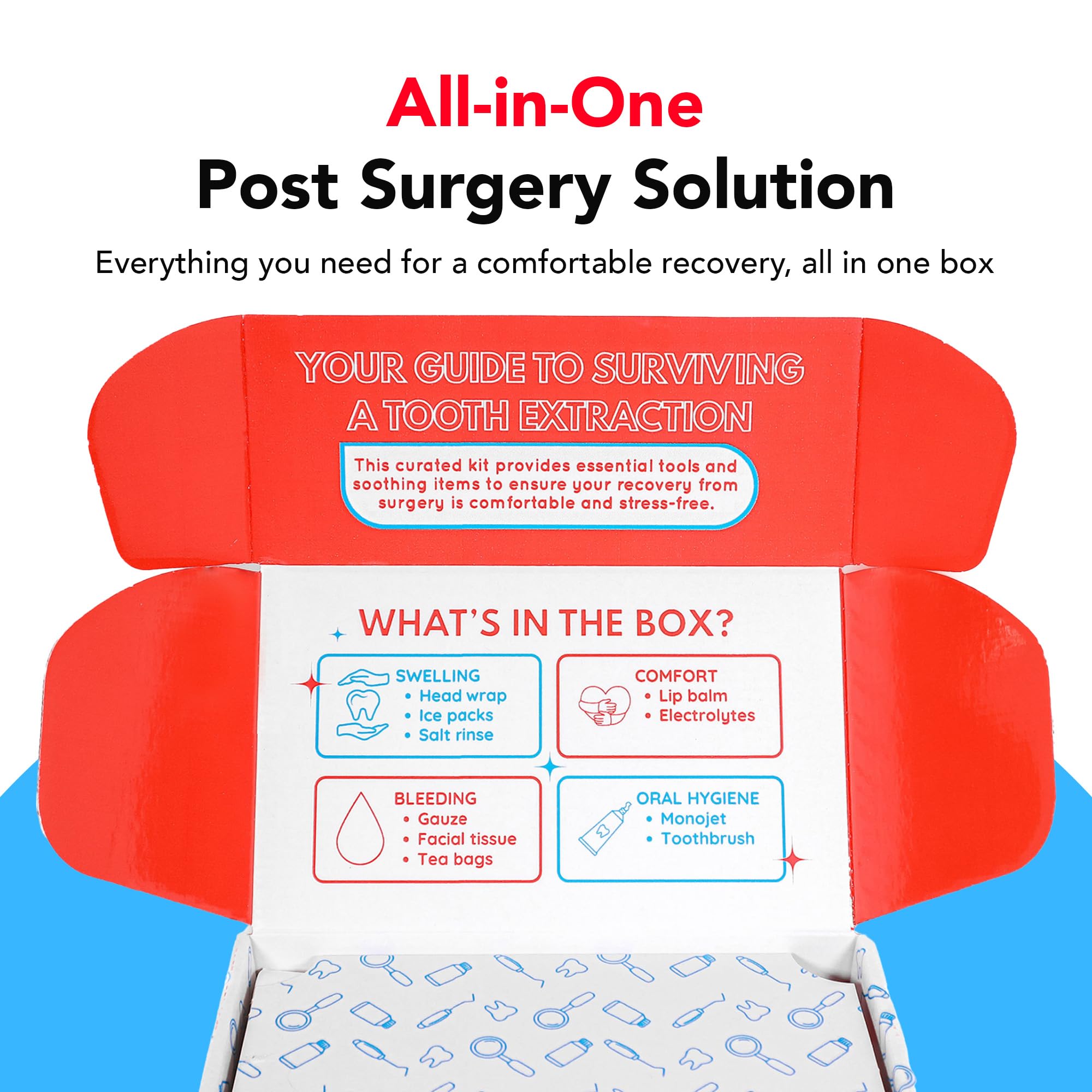 Wisdom Teeth Recovery Kit | Reusable Head Wrap with Ice Packs | Oral Irrigation Syringe, Salt Water Rinse, Gauze, Tea Bags, Electrolytes, Toothbrush