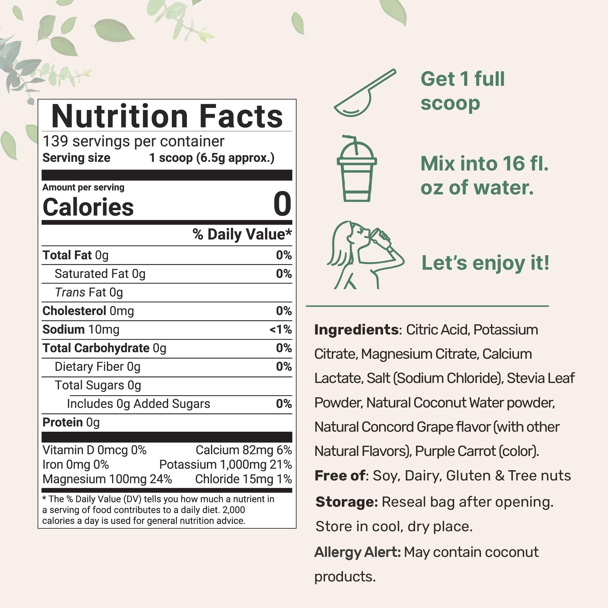 Micro Ingredients Hydration Electrolyte Powder – 2 lb (139 Servings) Concord Grape | High Potassium 1000 mg + Coconut Water | No Sugar, Keto, Non-GMO