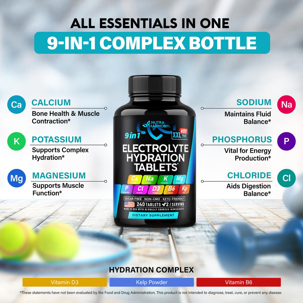 9-in-1 Electrolyte Tablets – Magnesium, Sodium, Potassium, D3 & B6, Kelp | Made in USA | 240 Tabs