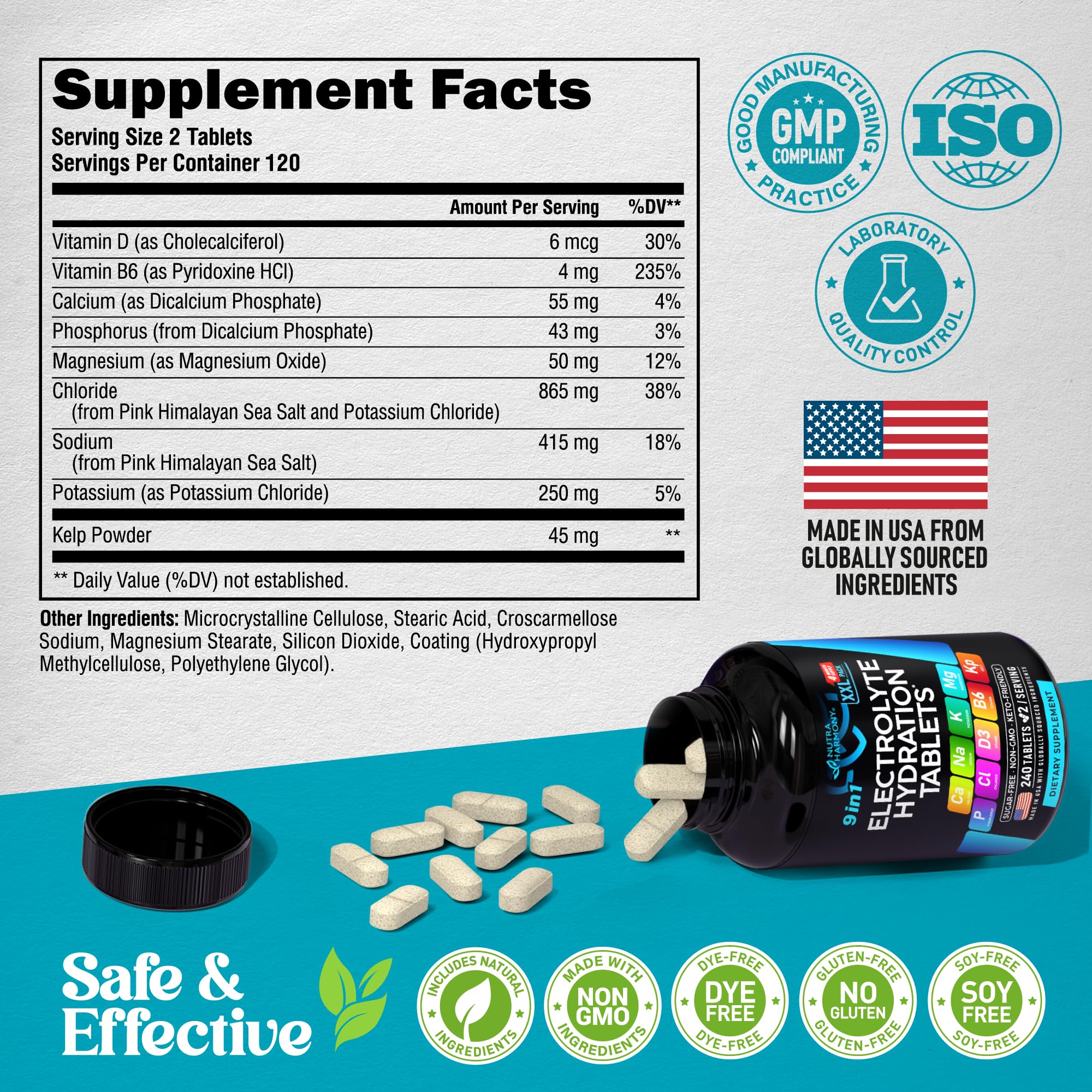 9-in-1 Electrolyte Tablets – Magnesium, Sodium, Potassium, D3 & B6, Kelp | Made in USA | 240 Tabs
