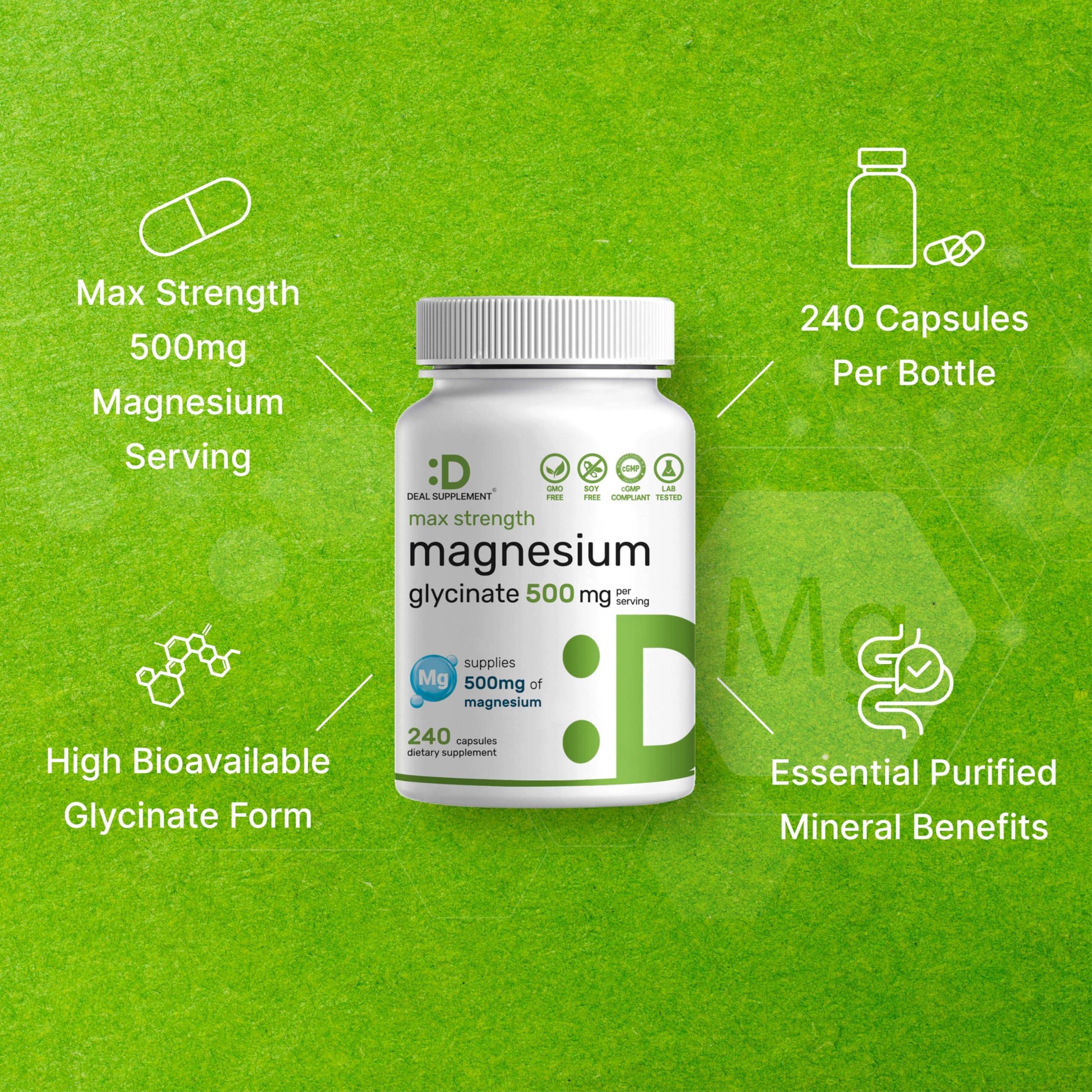 Max Strength Magnesium Glycinate 500mg | 240 Capsules | Chelated & Easy Absorption