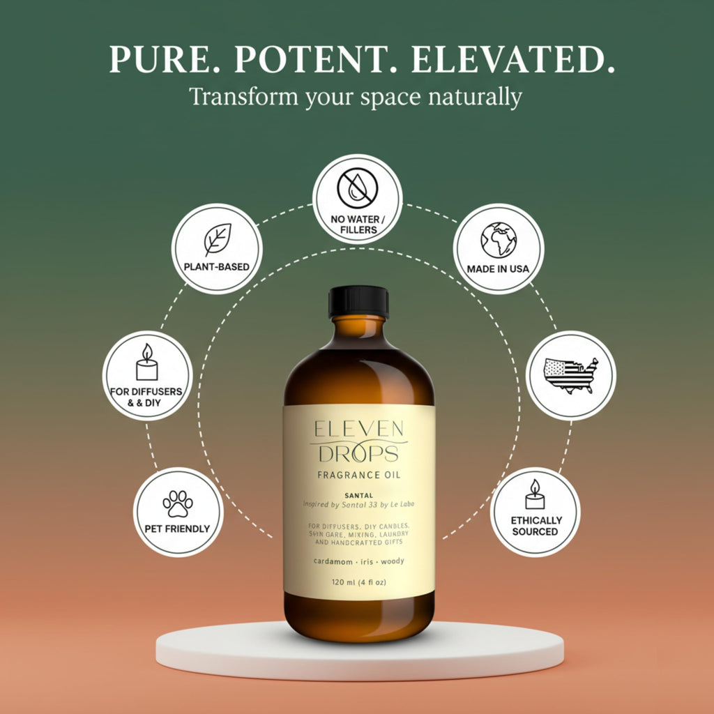 Santal Aroma Fragrance Oil – Eleven Drops | 4 fl oz, Made in USA, IFRA Compliant, Pet Friendly