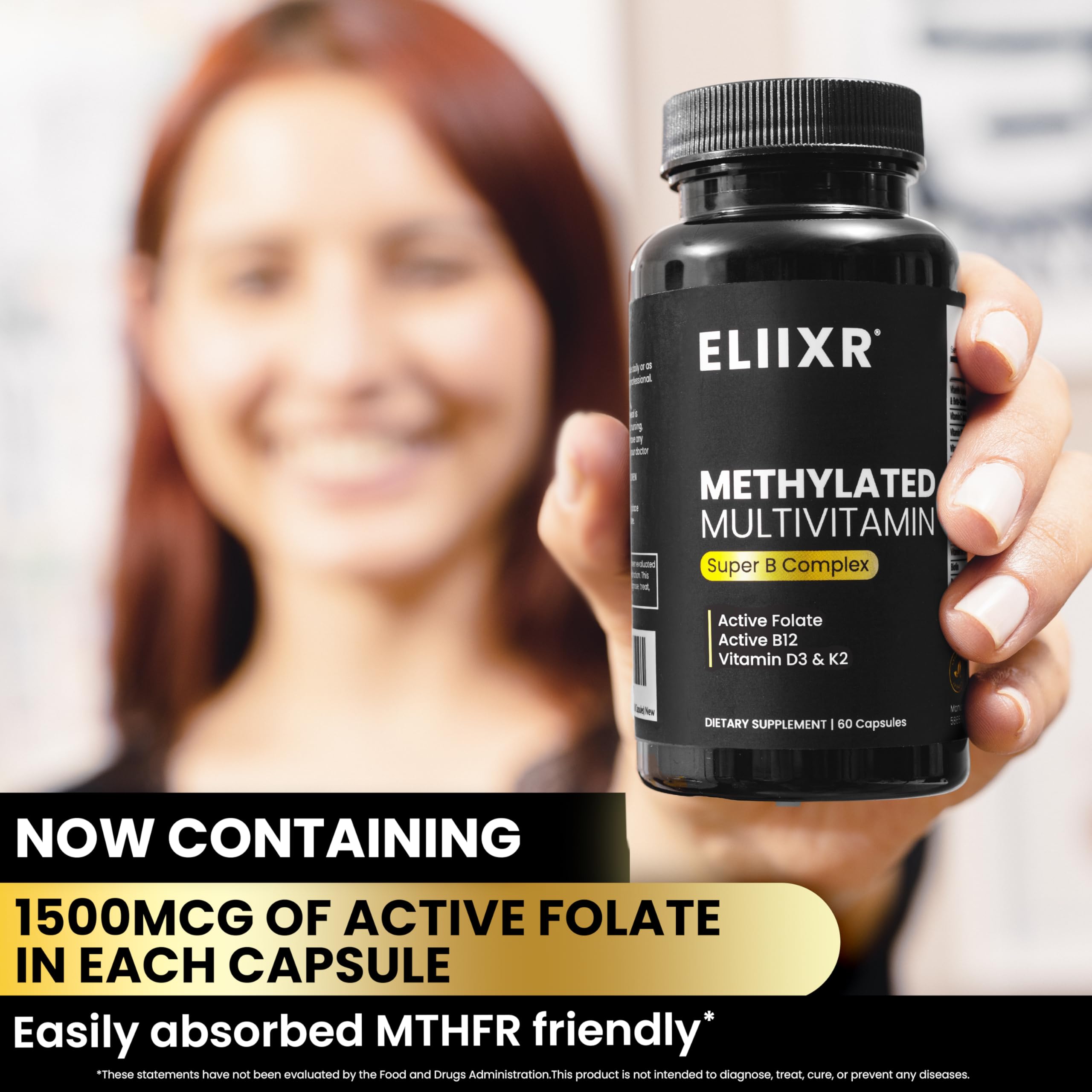 Eliixr Methylated Multivitamin for Men & Women – 60 Capsules, 1500mcg Folate, 500mcg B12, Iron Free, Made in USA