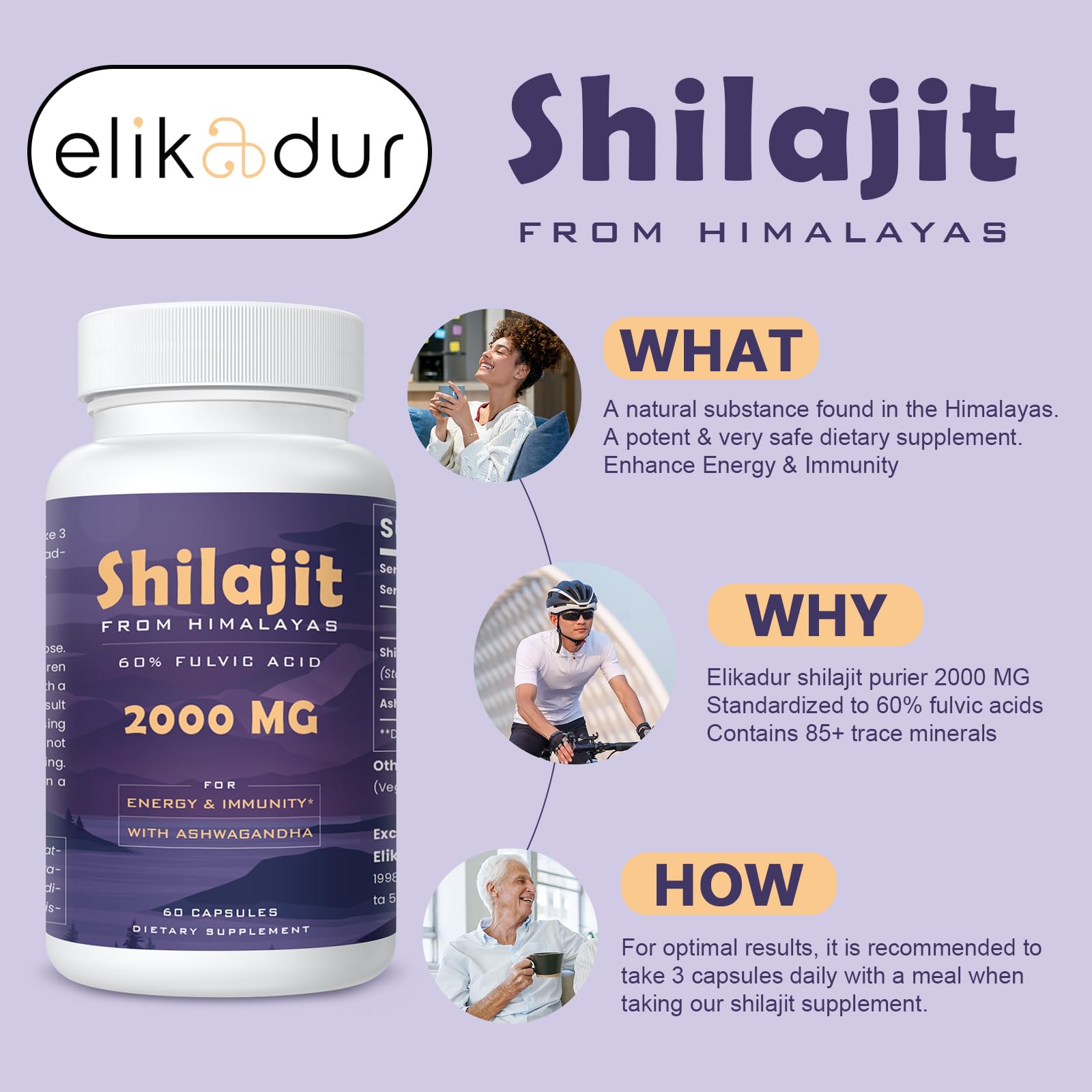 Elikadur 2000 MG Shilajit Supplement – 60 Capsules, 60% Fulvic Acid, 85+ Minerals