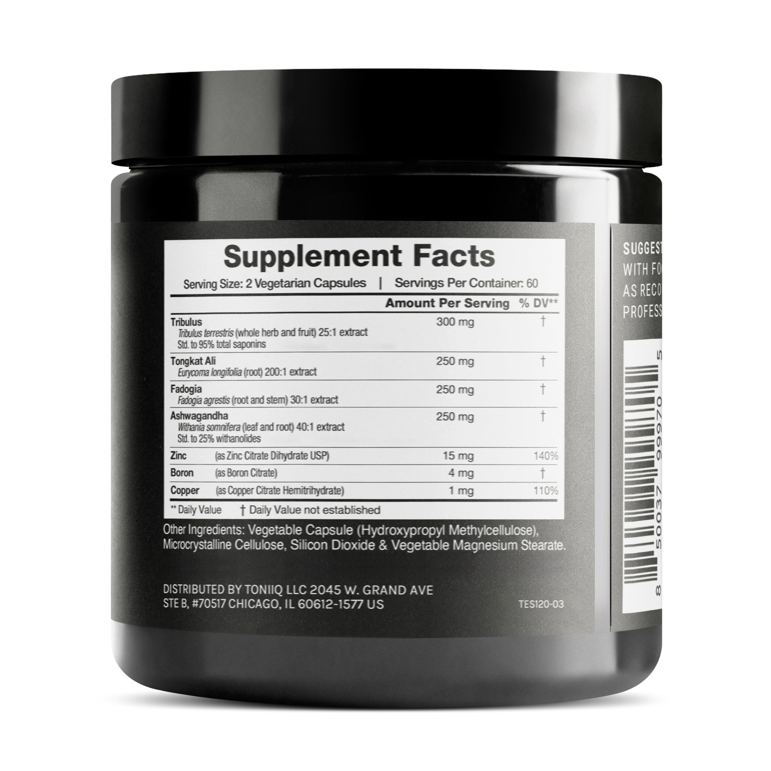 Elite T Formula - Ultra High Potency Tongkat Ali 200:1, Fadogia 30:1, Ashwagandha 40:1 (25% Withanolides) - Tribulus 25:1 (95% Saponins) + Zinc, Boron & Copper - 120 Capsules | Toniiq