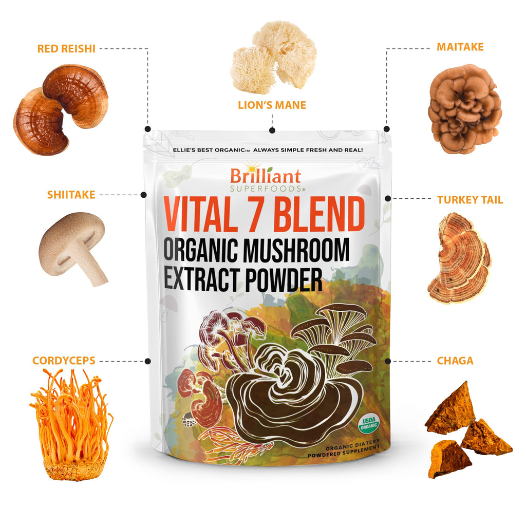 Ellie's Best 7 Mushroom Powder Extract Blend Supplement Organic 114 Servings High Potency Double Extracted Cordyceps, Reishi, Turkey Tail, Chaga, Lion's Mane - 4oz