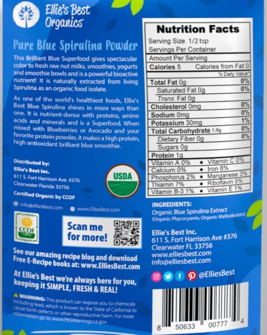 Ellie's Best Organic Blue Spirulina Powder – 5LB Bulk, Odorless, Vegan & Gluten-Free | Pure Water Extracted