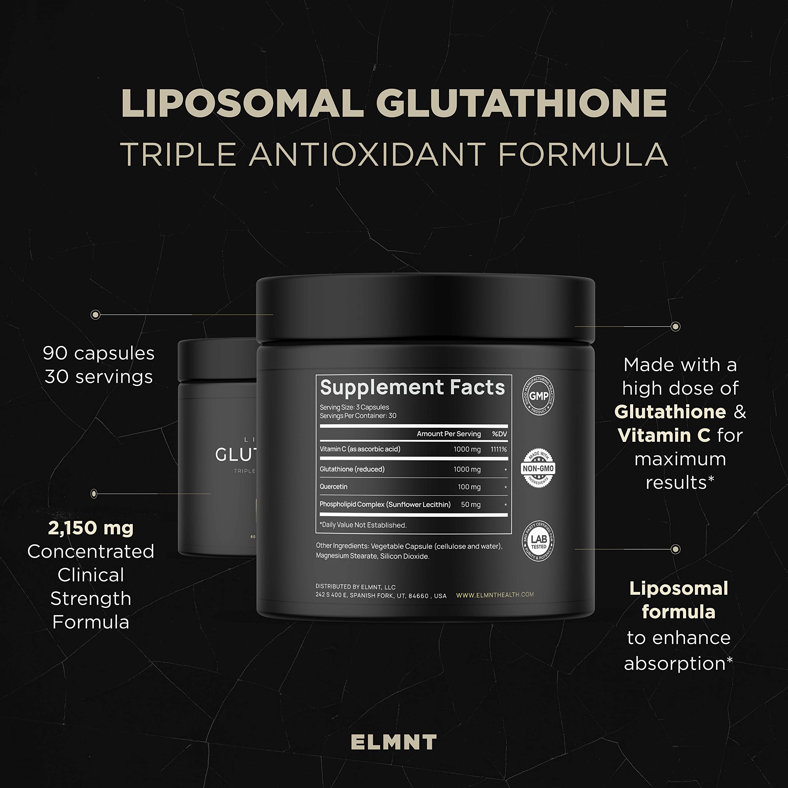 ELMNT 2150mg Super Liposomal Glutathione – Vitamin C + Quercetin (90 Pills, Non-GMO)