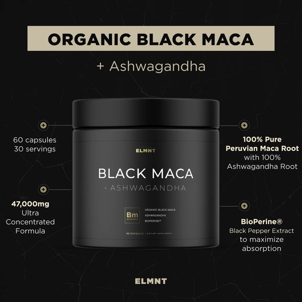 ELMNT Black Maca 40:1 with Ashwagandha – 40x Strength Maca Capsules for Men