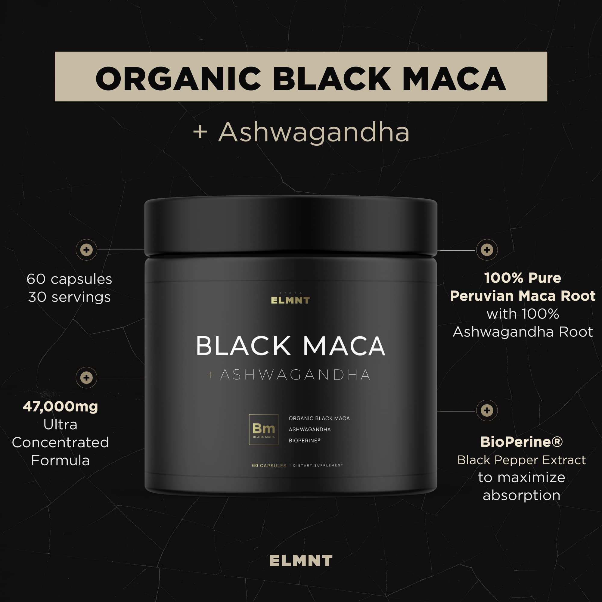 ELMNT Black Maca 40:1 with Ashwagandha – 40x Strength Maca Capsules for Men