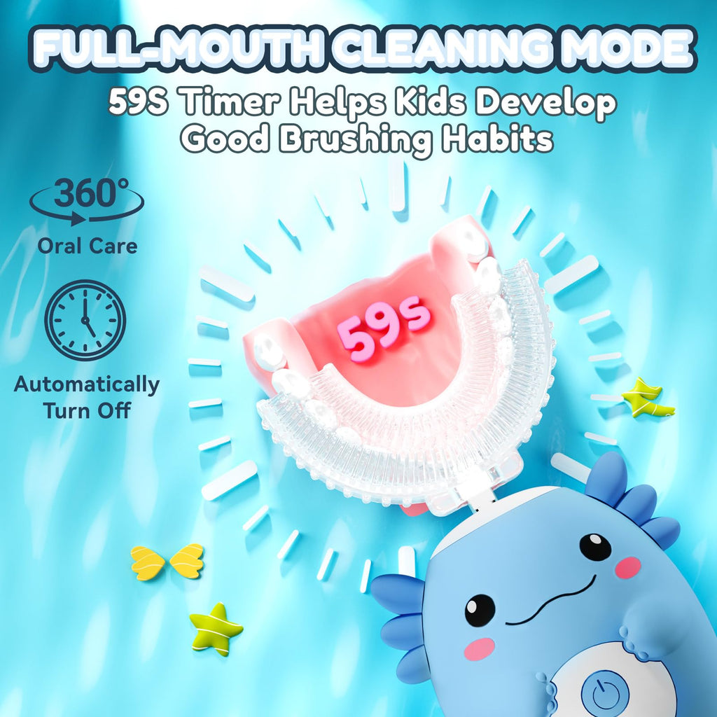ELOTAME Kids Electric U‑Shaped Toothbrush – Axolotl Cartoon Sonic (Ages 2–15) | 6 Modes