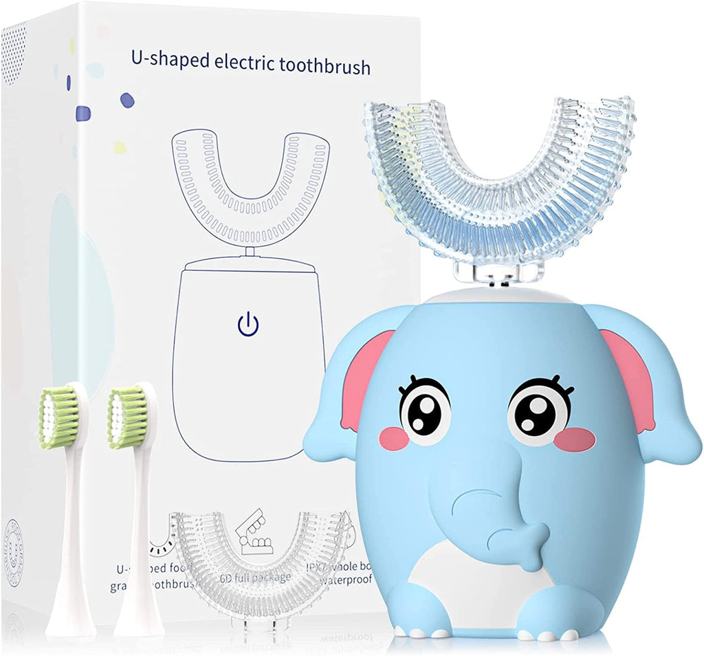 ELOTAME Kids Electric U Shaped Toothbrush - 4 Heads, 6 Modes, IPX7 Waterproof, Age 8-15 Blue