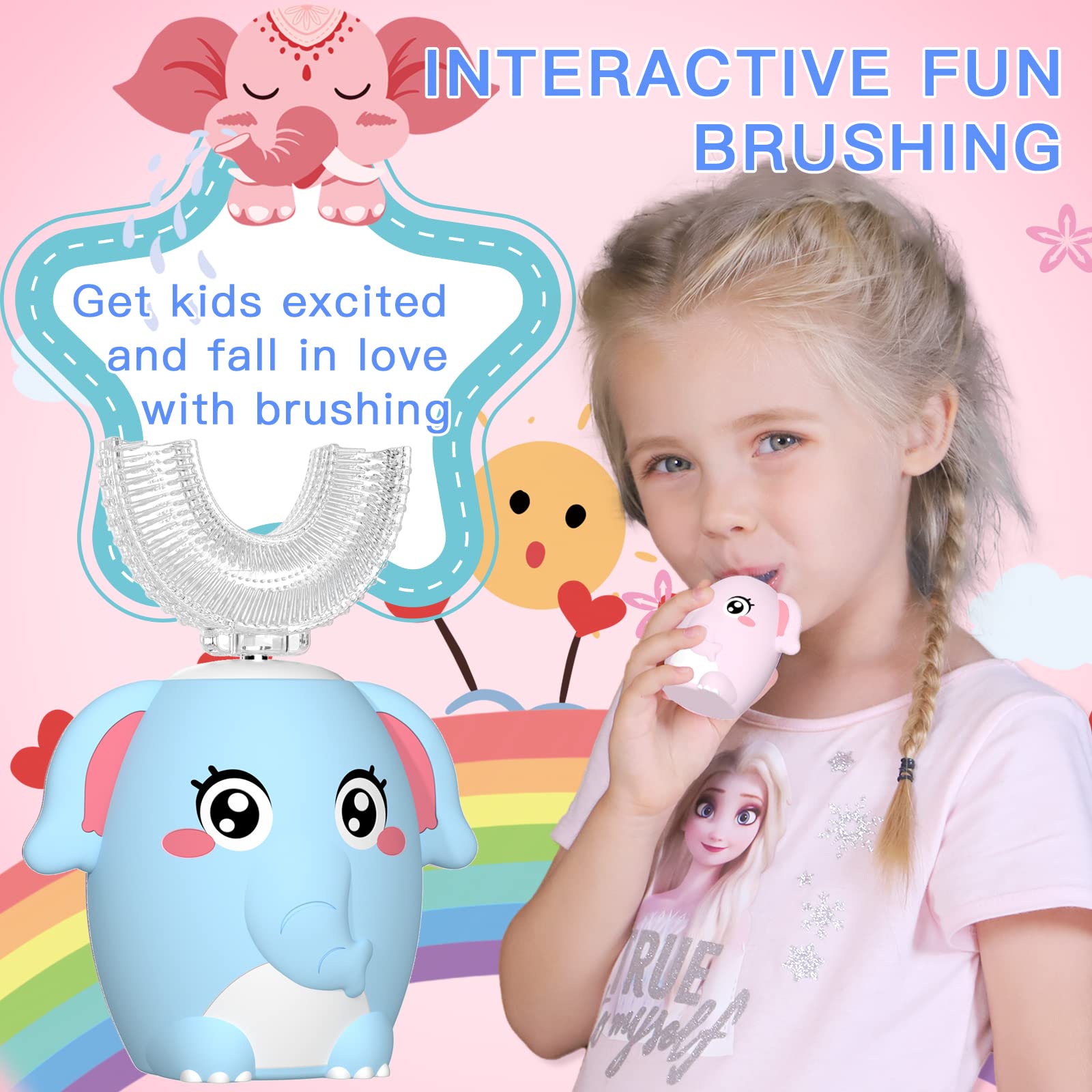 ELOTAME Kids Electric U Shaped Toothbrush - 4 Heads, 6 Modes, IPX7 Waterproof, Age 8-15 Blue