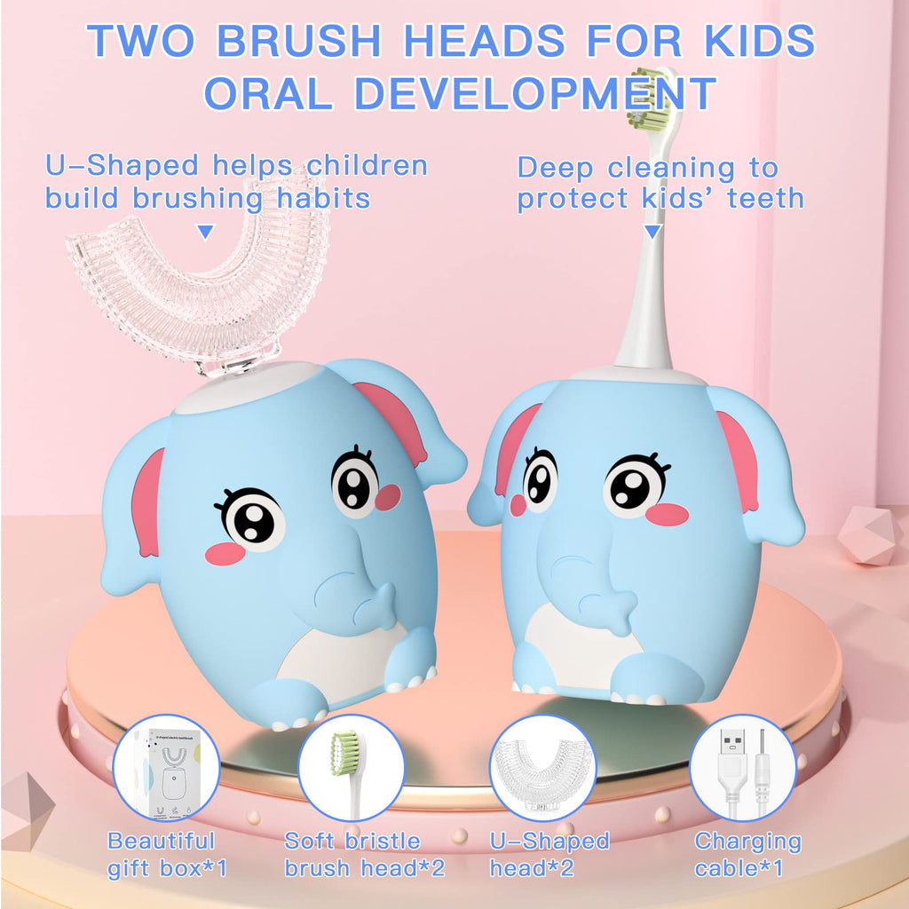 ELOTAME Kids Electric U Shaped Toothbrush - 4 Heads, 6 Modes, IPX7 Waterproof, Age 8-15 Blue
