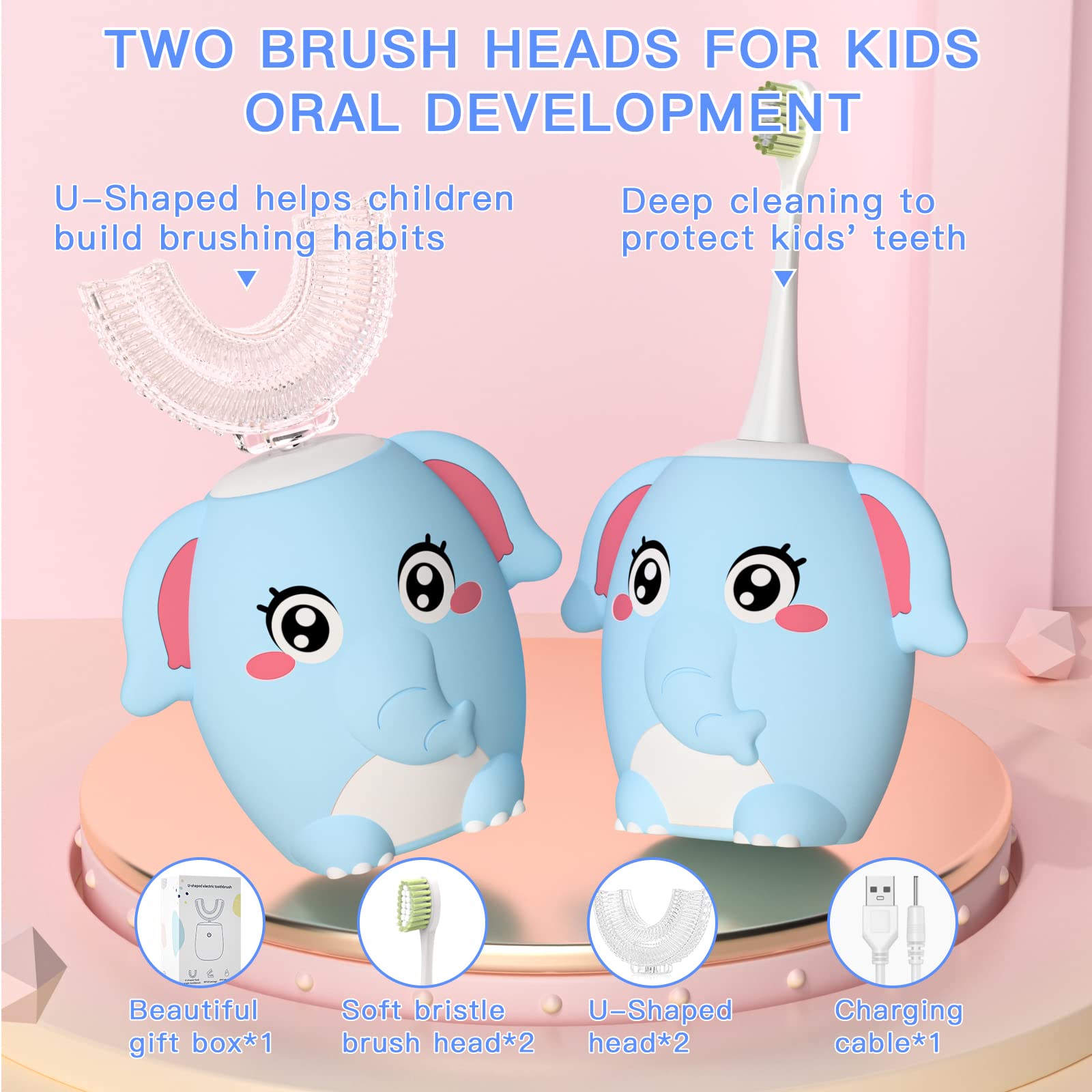 ELOTAME Kids Electric U Shaped Toothbrush - 4 Heads, 6 Modes, IPX7 Waterproof, Age 8-15 Blue