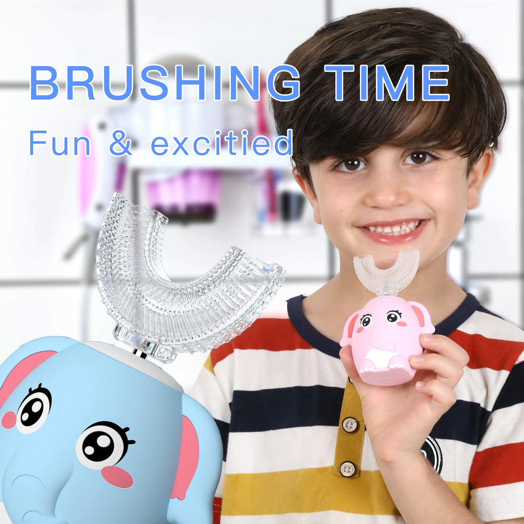 ELOTAME Kids Electric U Shaped Toothbrush - 4 Heads, 6 Modes, IPX7 Waterproof, Age 8-15 Blue