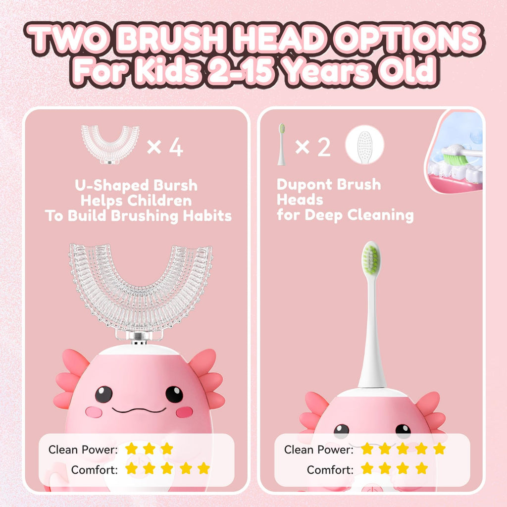 ELOTAME Kids Electric U-Shaped Toothbrush | Axolotl Pink, 6 Heads, 6 Modes, Ages 2-15