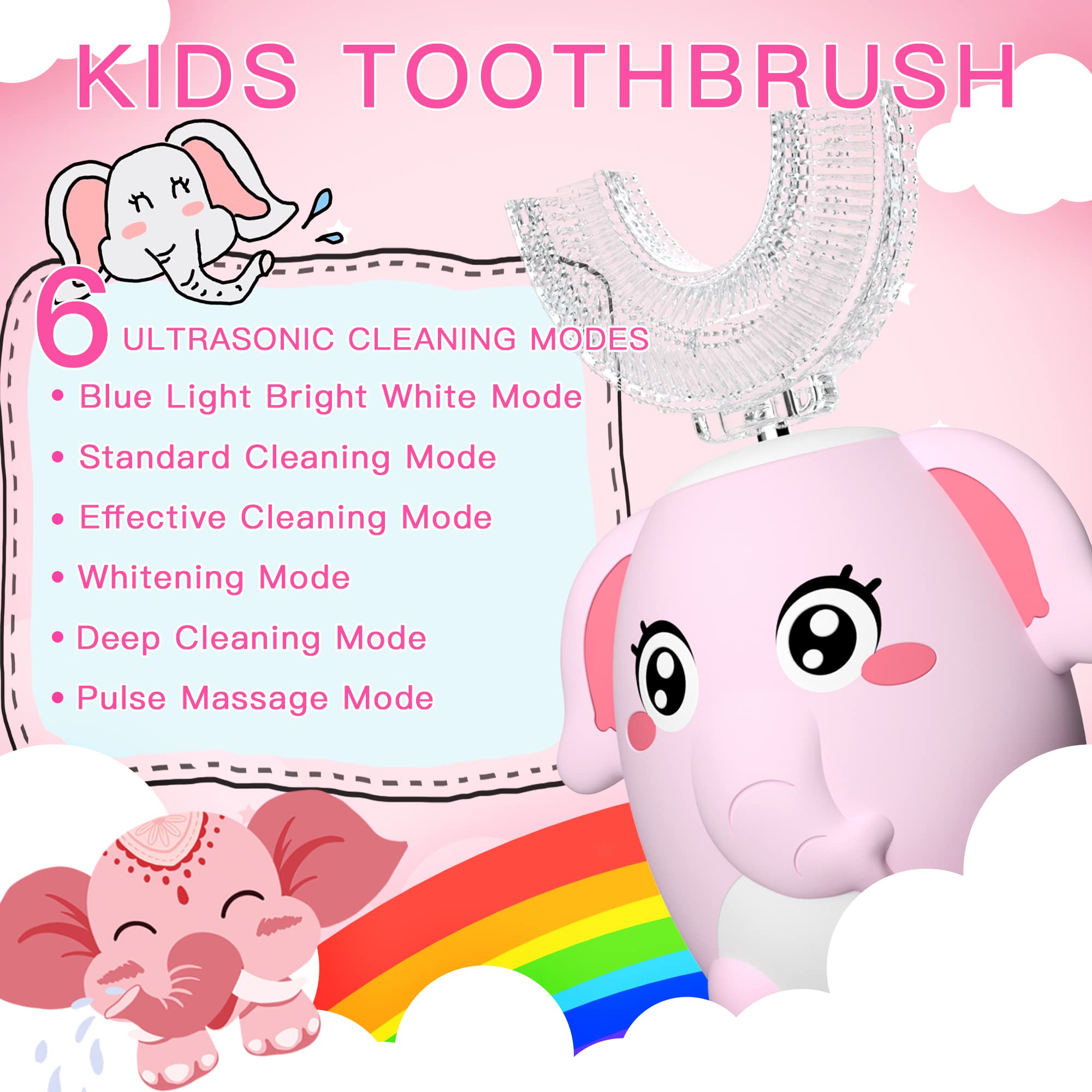 ELOTAME Kids Electric U-Shaped Toothbrush – 4 Heads, 6 Modes, IPX7, 360° Clean (Ages 8-15) Pink
