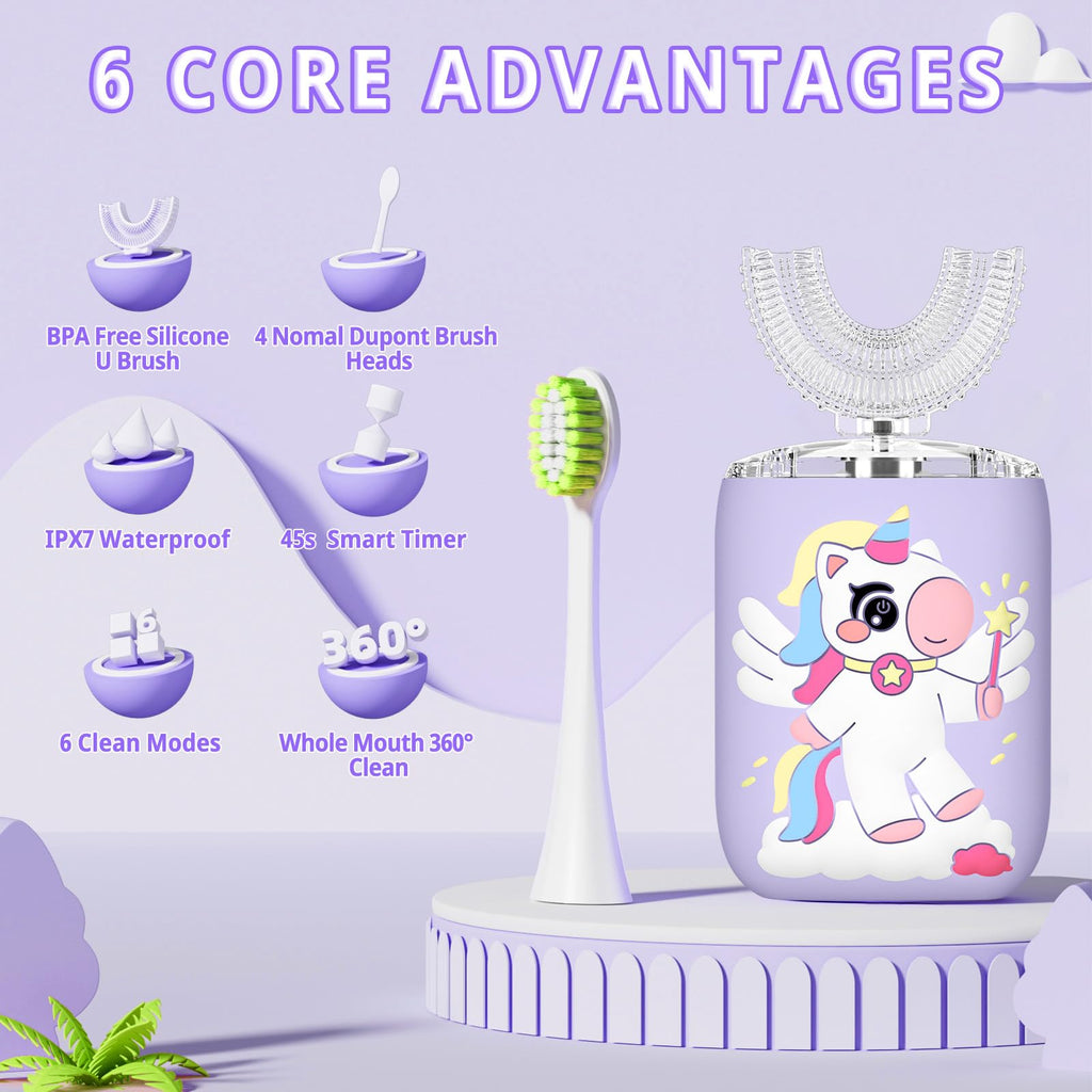 ELOTAME Kids Electric U Shaped Toothbrush Purple – 4 Soft Brush Heads, IPX7 Waterproof, 6 Modes, 45s Timer, USB Rechargeable
