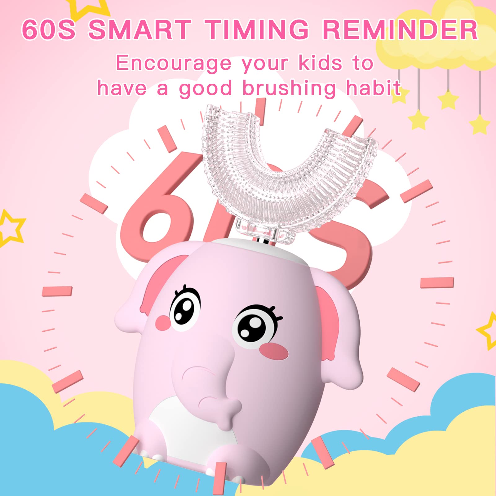 ELOTAME Kids Electric U-Shaped Toothbrush – 4 Heads, 6 Modes, IPX7, 360° Clean (Ages 8-15) Pink