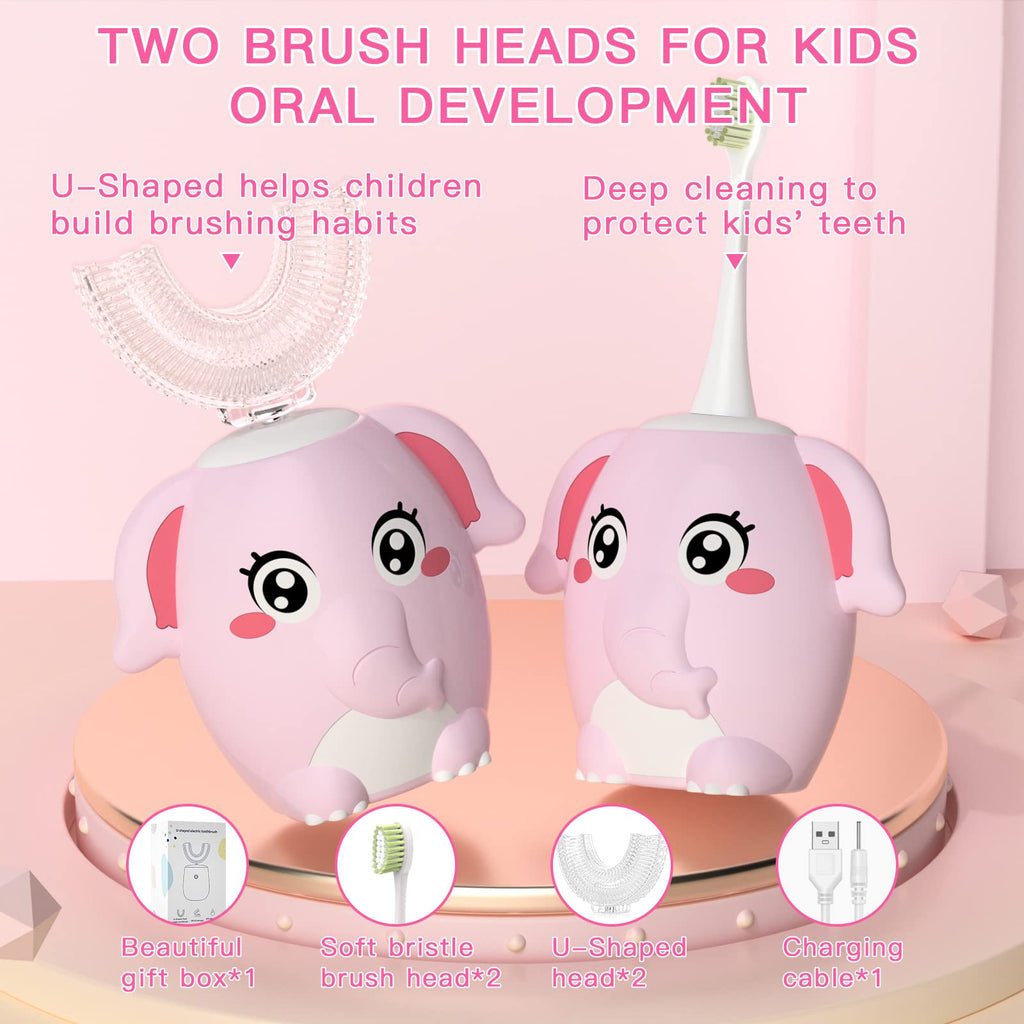 ELOTAME Kids Electric U-Shaped Toothbrush – 4 Heads, 6 Modes, IPX7, 360° Clean (Ages 8-15) Pink