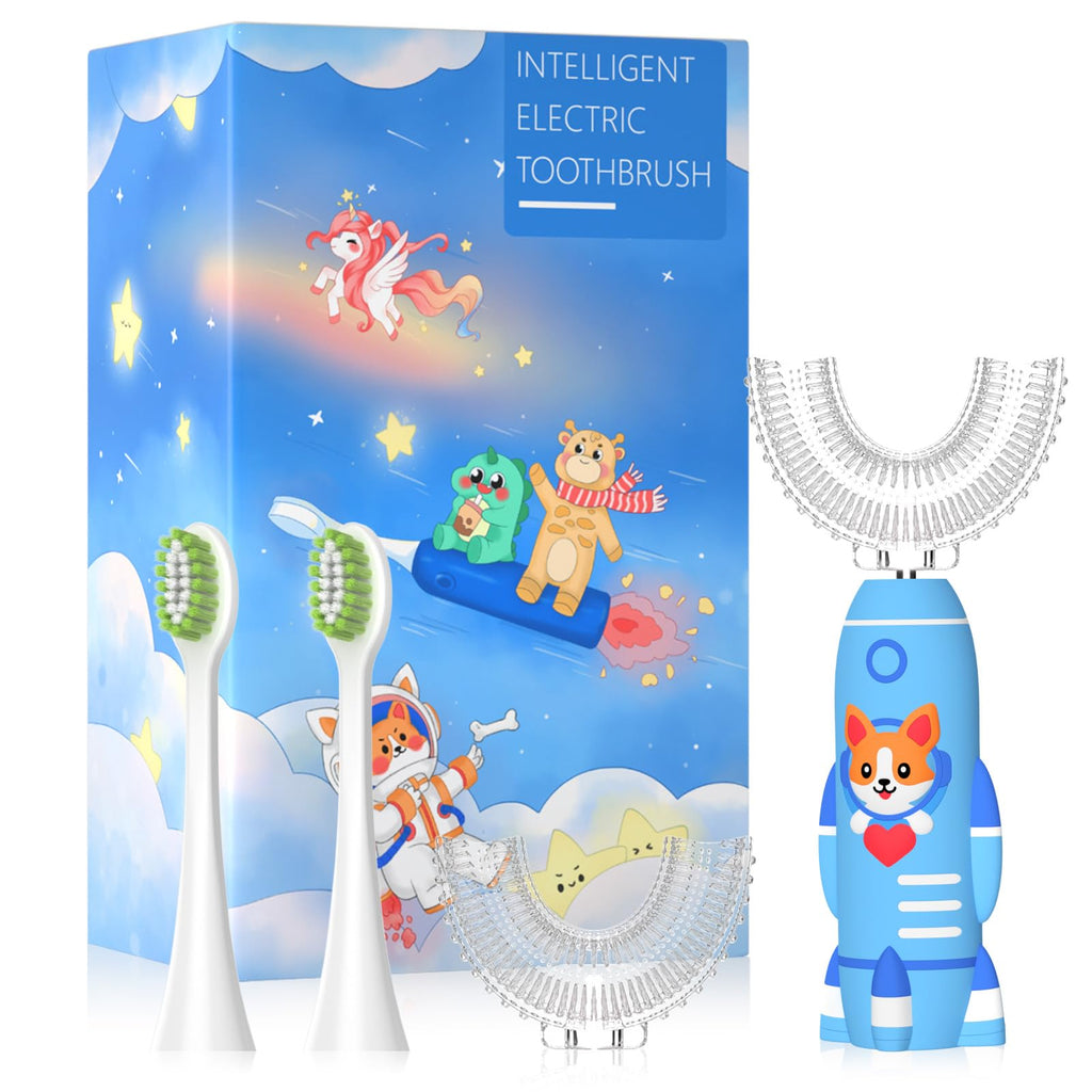 ELOTAME Kids U-Shaped Electric Toothbrush - Rechargeable Rocket Toothbrush for Boys 7-14 | 2-Min Timer, 6 Modes, 4 Brush Heads