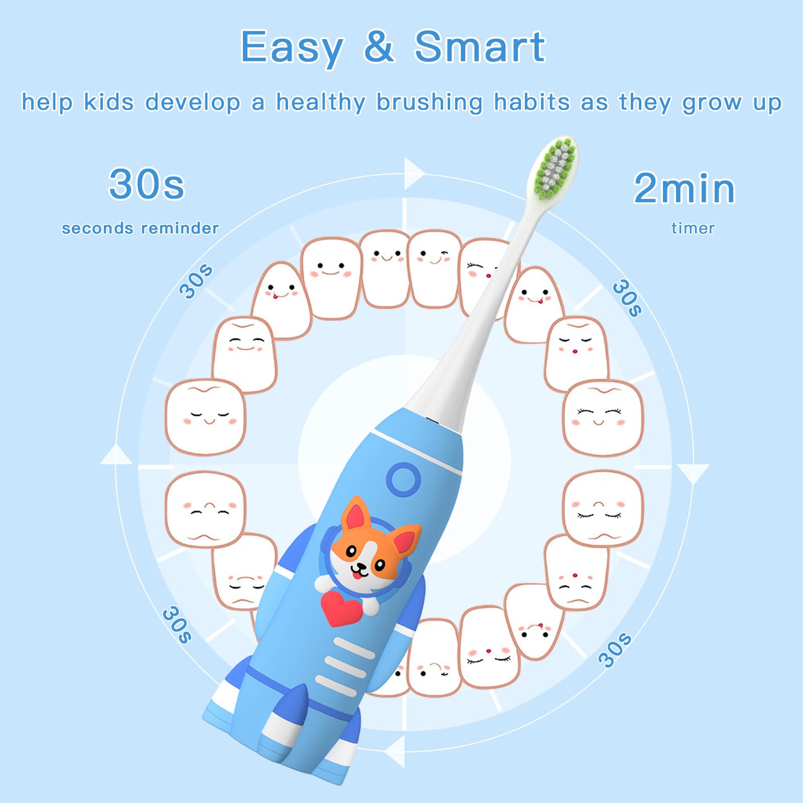 ELOTAME Kids U-Shaped Electric Toothbrush - Rechargeable Rocket Toothbrush for Boys 7-14 | 2-Min Timer, 6 Modes, 4 Brush Heads