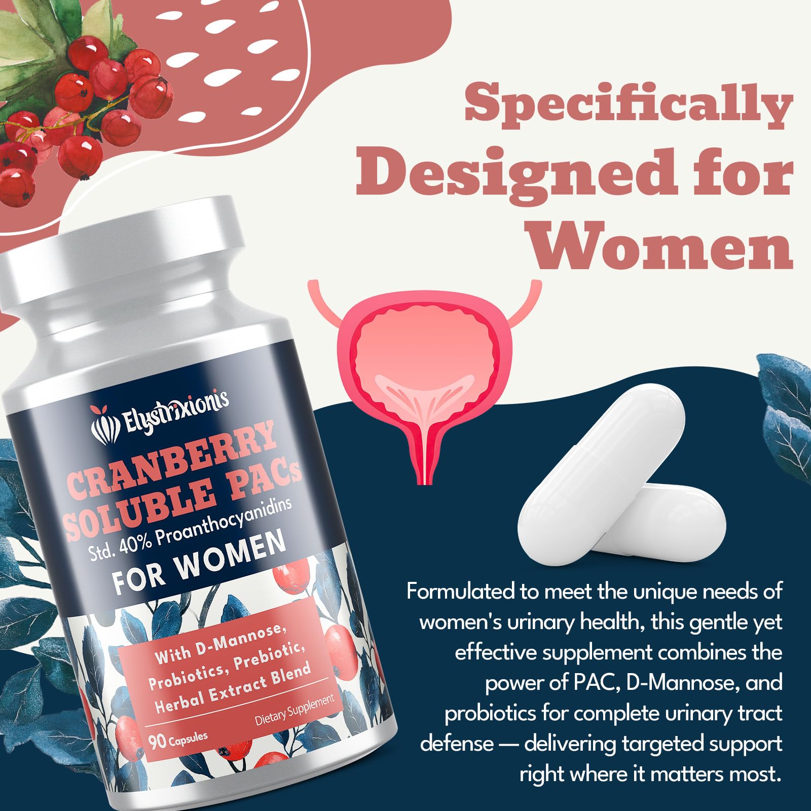 Elystrixionis 72mg PAC Cranberry Pills for Women - 180 Capsules | Urinary Tract Health with D-Mannose