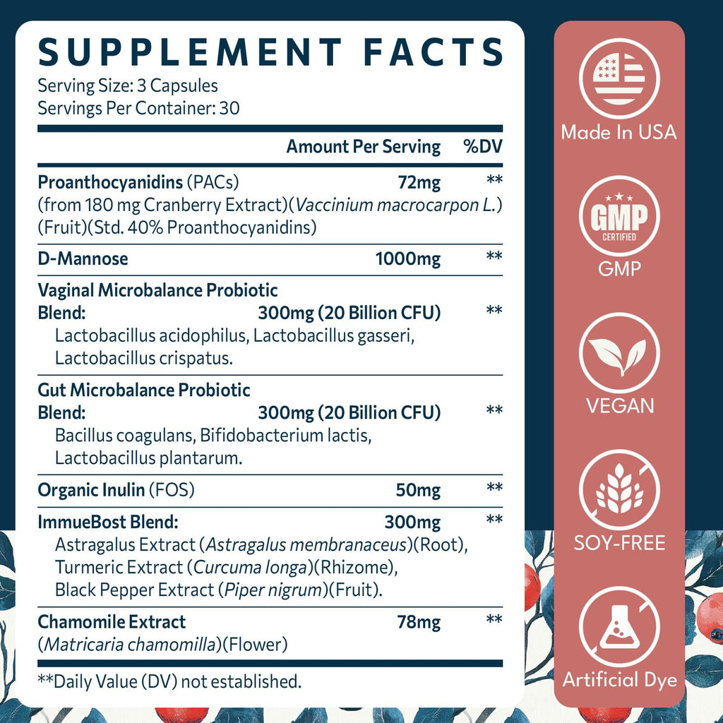 Elystrixionis 72mg PAC Cranberry Pills for Women - 180 Capsules | Urinary Tract Health with D-Mannose