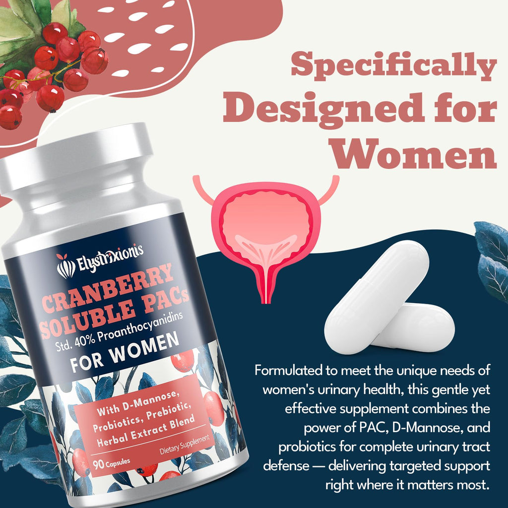 Elystrixionis 72mg PAC Cranberry Pills for Women – Organic Cranberry Juice Extract + 1000mg D-Mannose, UTI Support, 90 Capsules