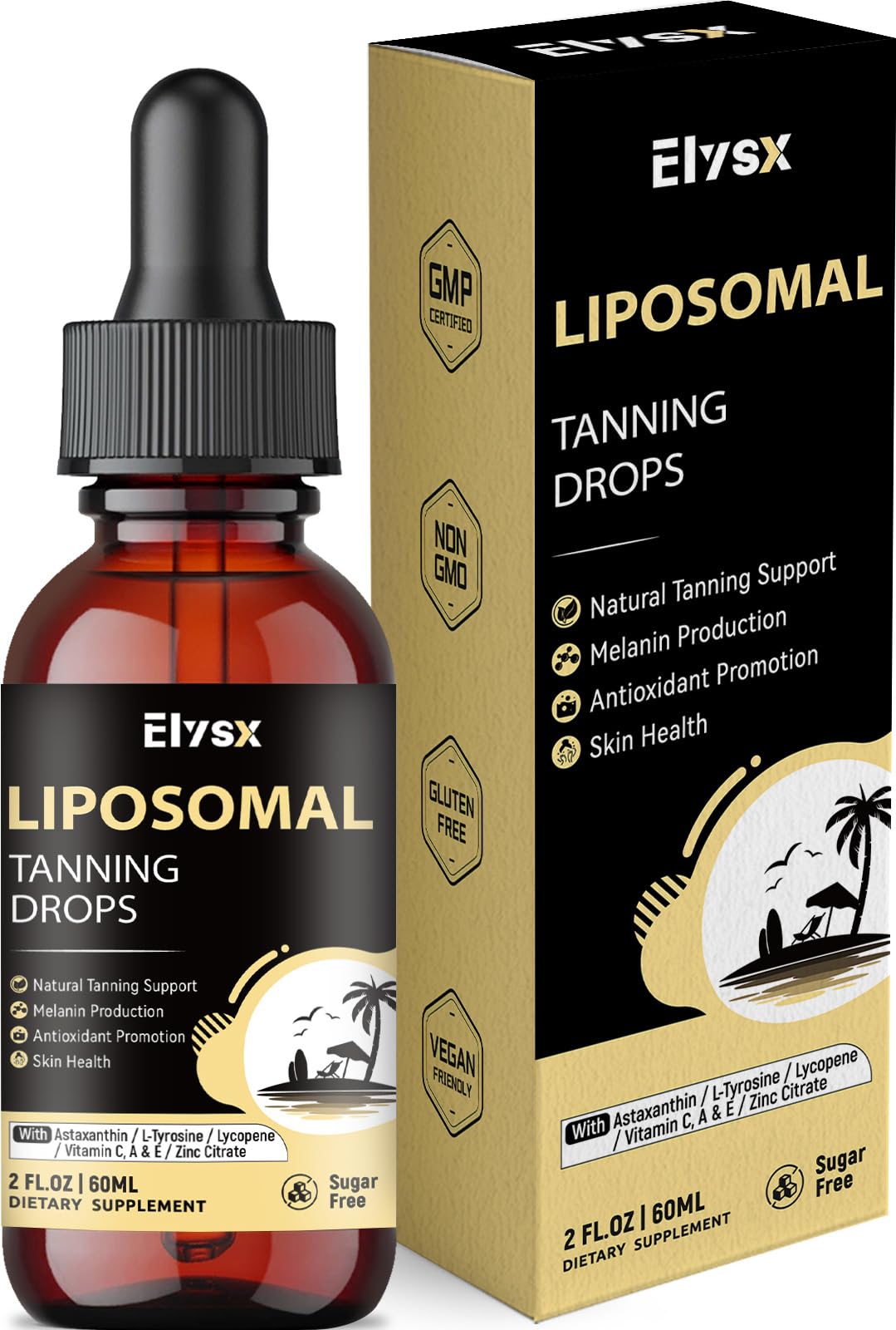 Elysx Liposomal Tanning Drops – Drinkable Astaxanthin 24mg, Lycopene, L-Tyrosine, Vitamins, Lemon