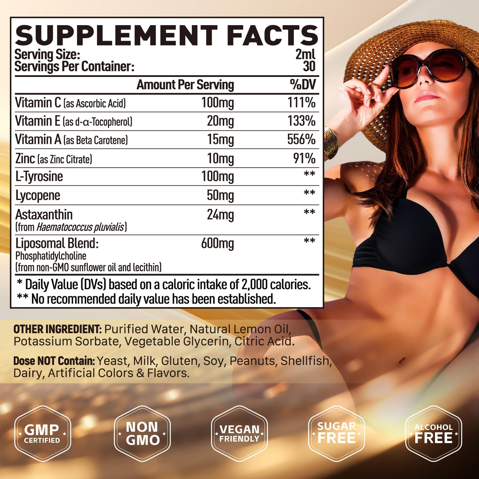 Elysx Liposomal Tanning Drops – Drinkable Astaxanthin 24mg, Lycopene, L-Tyrosine, Vitamins, Lemon