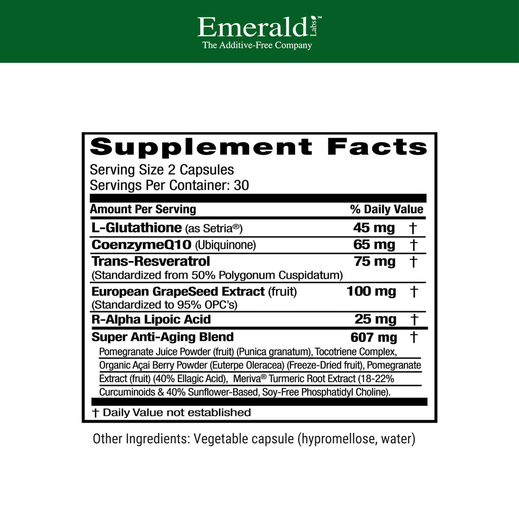 Emerald Labs Anti-Aging Cellular Complex | Setria L-Glutathione, CoQ10 & Resveratrol - 60 Veggie Capsules
