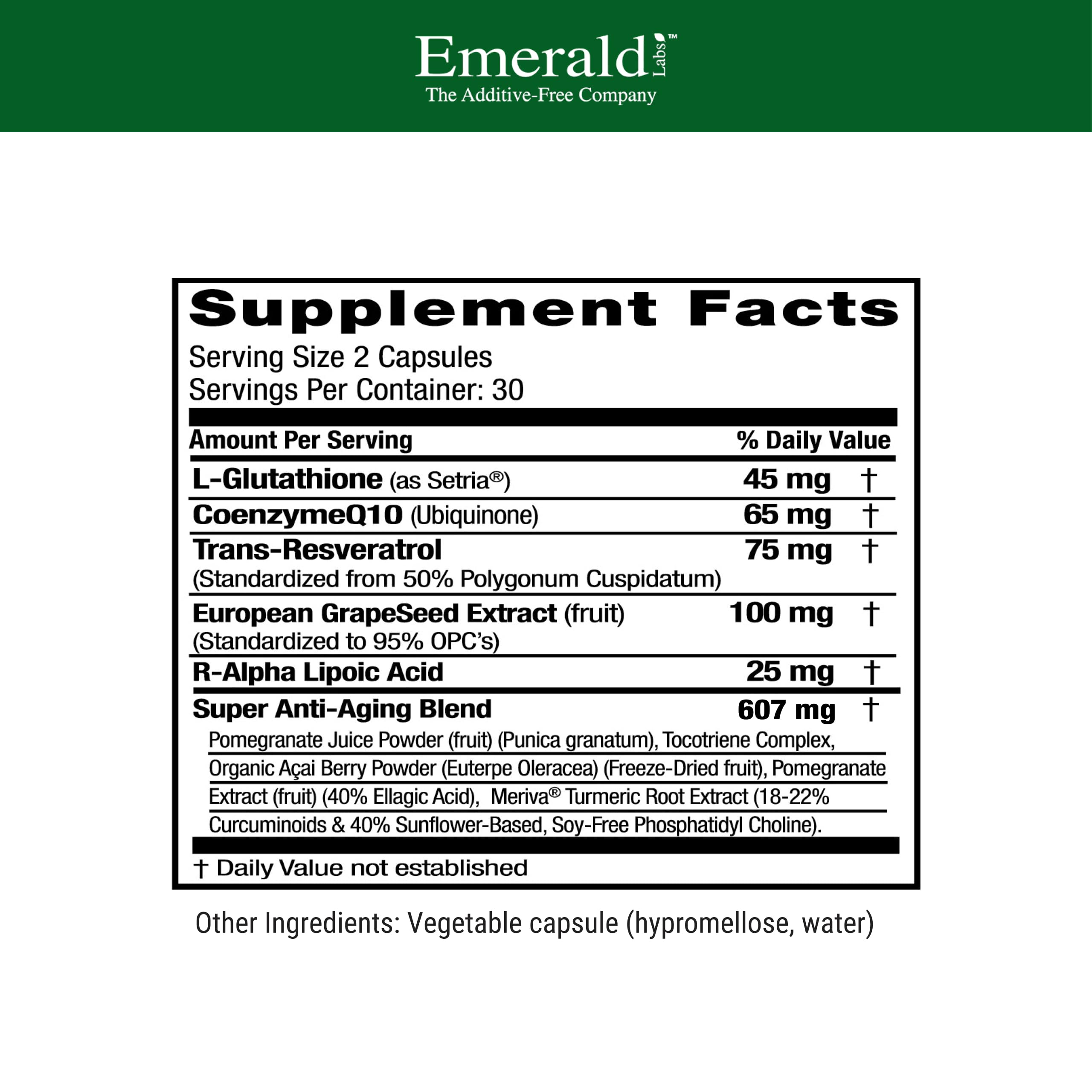 Emerald Labs Anti-Aging Cellular Complex | Setria L-Glutathione, CoQ10 & Resveratrol - 60 Veggie Capsules