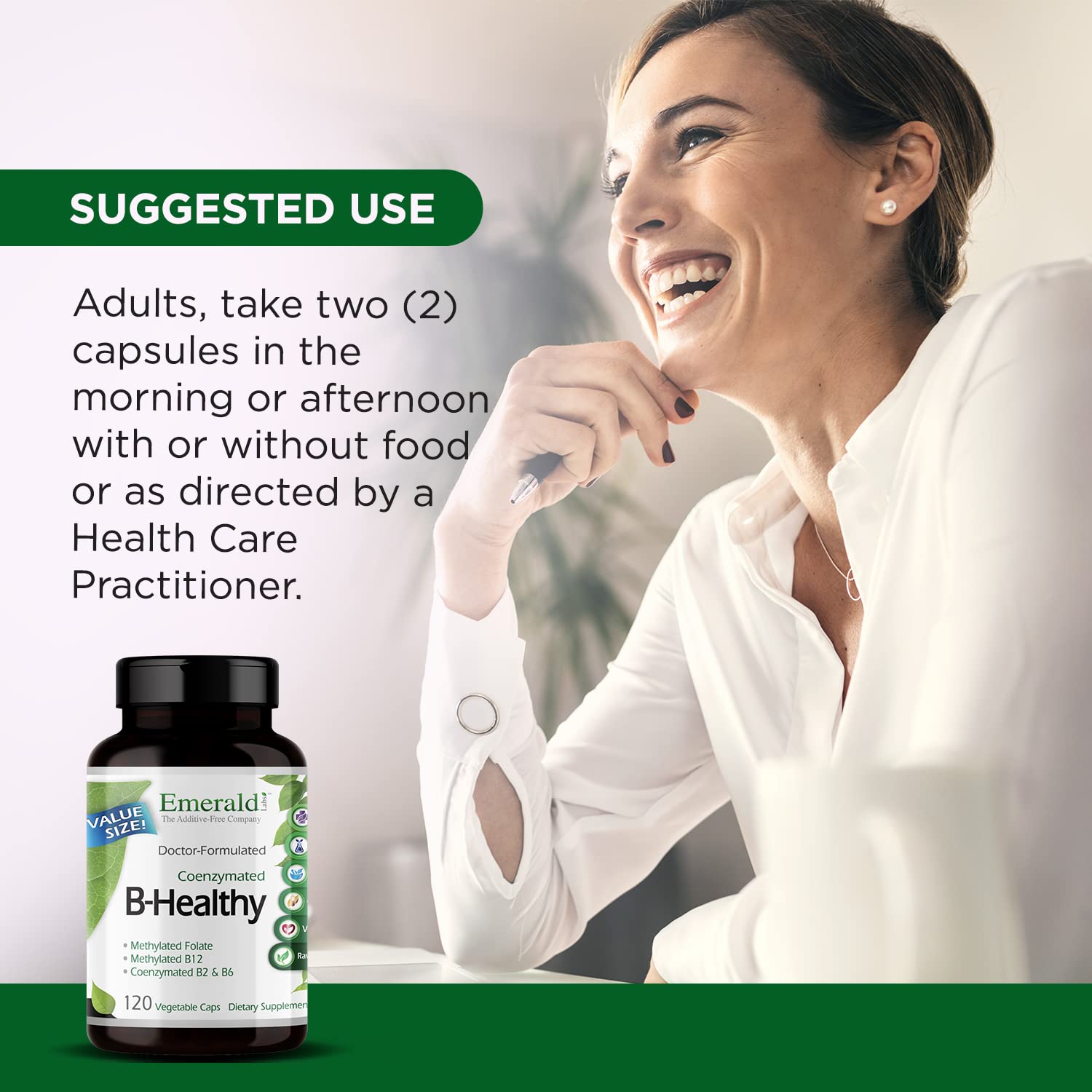 EMERALD LABS B-Healthy - Vegan Vitamin B Complex with Methylated Folic Acid & Full-Spectrum B Vitamins - 120 Veg Capsules