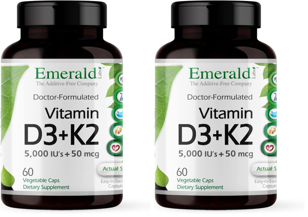 EMERALD LABS Vitamin D3+K2 5000 IU MK-7 - 60 Veg Capsules (Pack of 2) for Bone & Heart Health