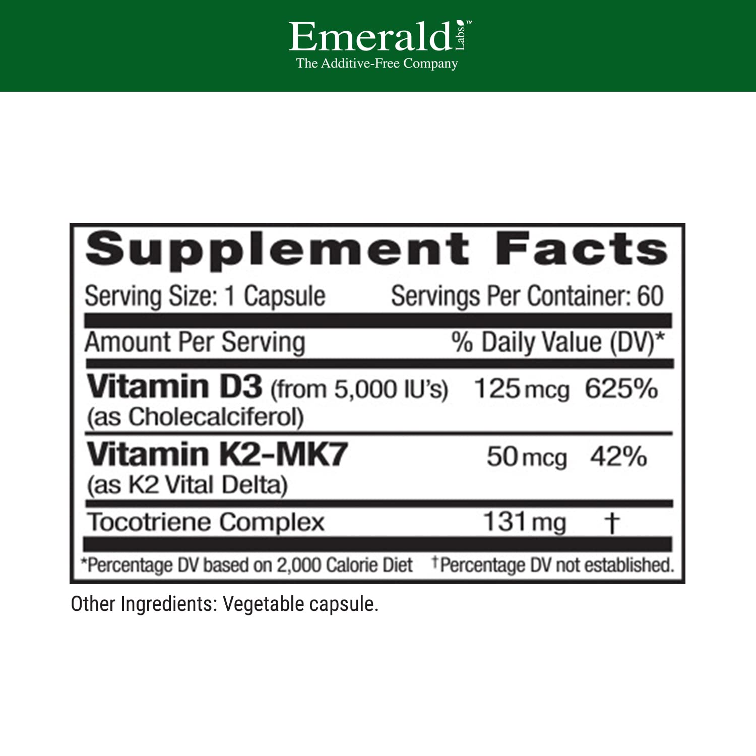 EMERALD LABS Vitamin D3+K2 - 5000 IU D3 + MK-7 for Bone & Heart Health | Vegetarian, Gluten-Free