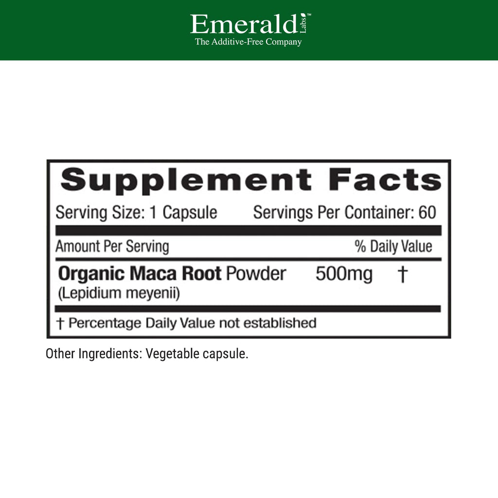 Emerald Labs Peruvian Maca Root – Organic Maca Root Supplement for Hormonal Balance & Natural Energy | Vegan & Gluten-Free | 60 Veg Capsules (30-Day Supply)