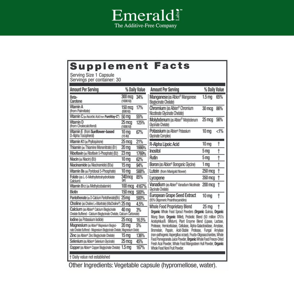 EMERALD LABS Men's 1 Daily Multi – Additive-Free Multivitamin with Vitamin D3, Zinc & Lycopene (30 Veg Capsules)
