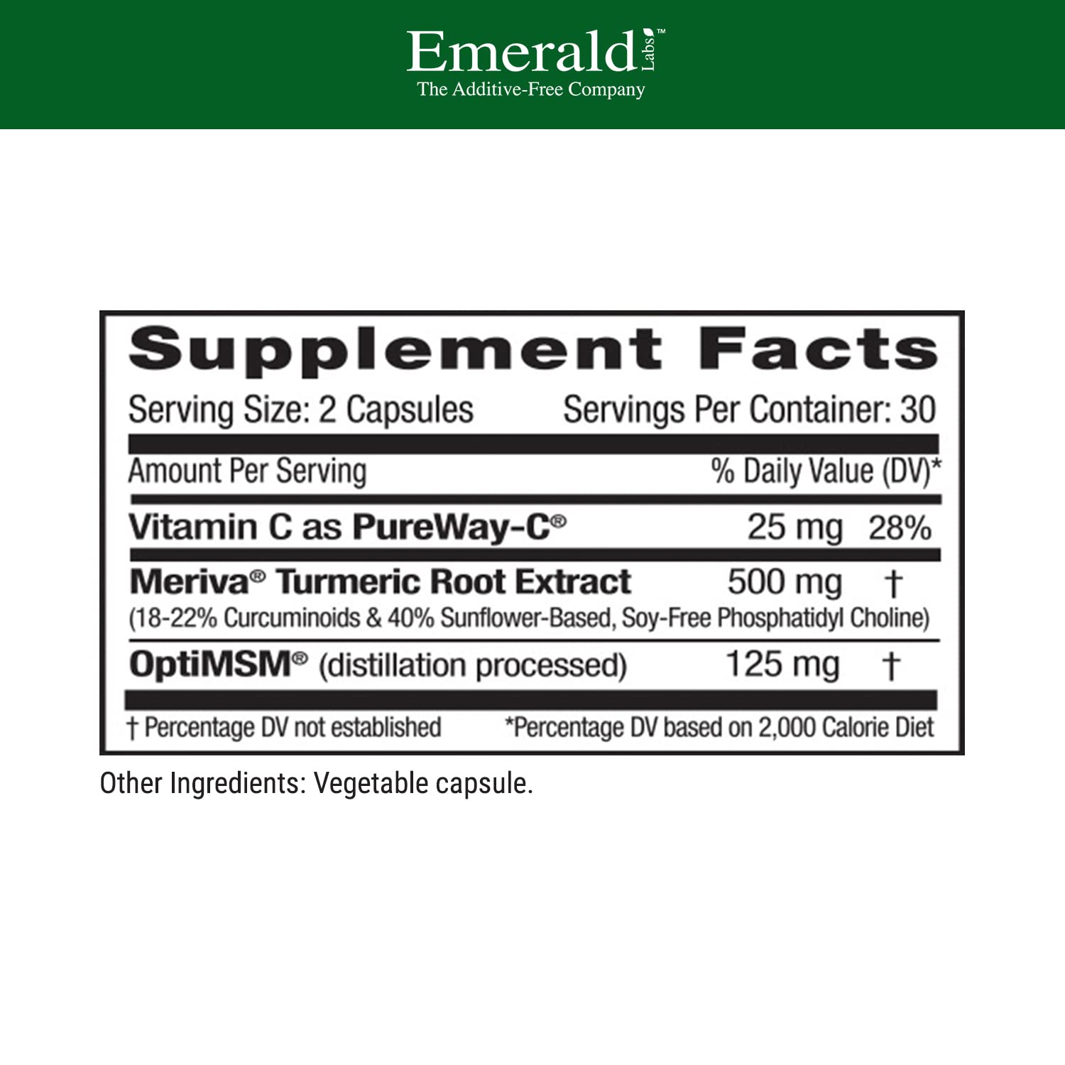 Emerald Labs Meriva Turmeric Plus | Meriva Turmeric, PureWay-C Vitamin C & OptiMSM | Joint Health & Immune Support | 60 Vegetable Capsules