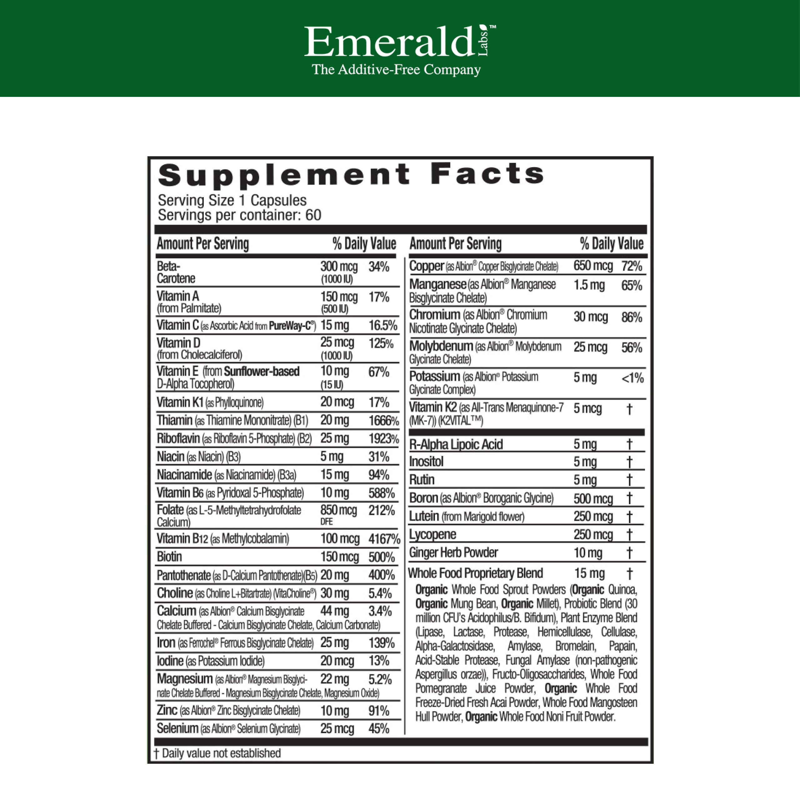 EMERALD LABS Prenatal 1-Daily Multi – Gentle Iron, Methylated Folate, Whole-Food Blend | Soy-Free, Gluten-Free | 60 Veg Capsules