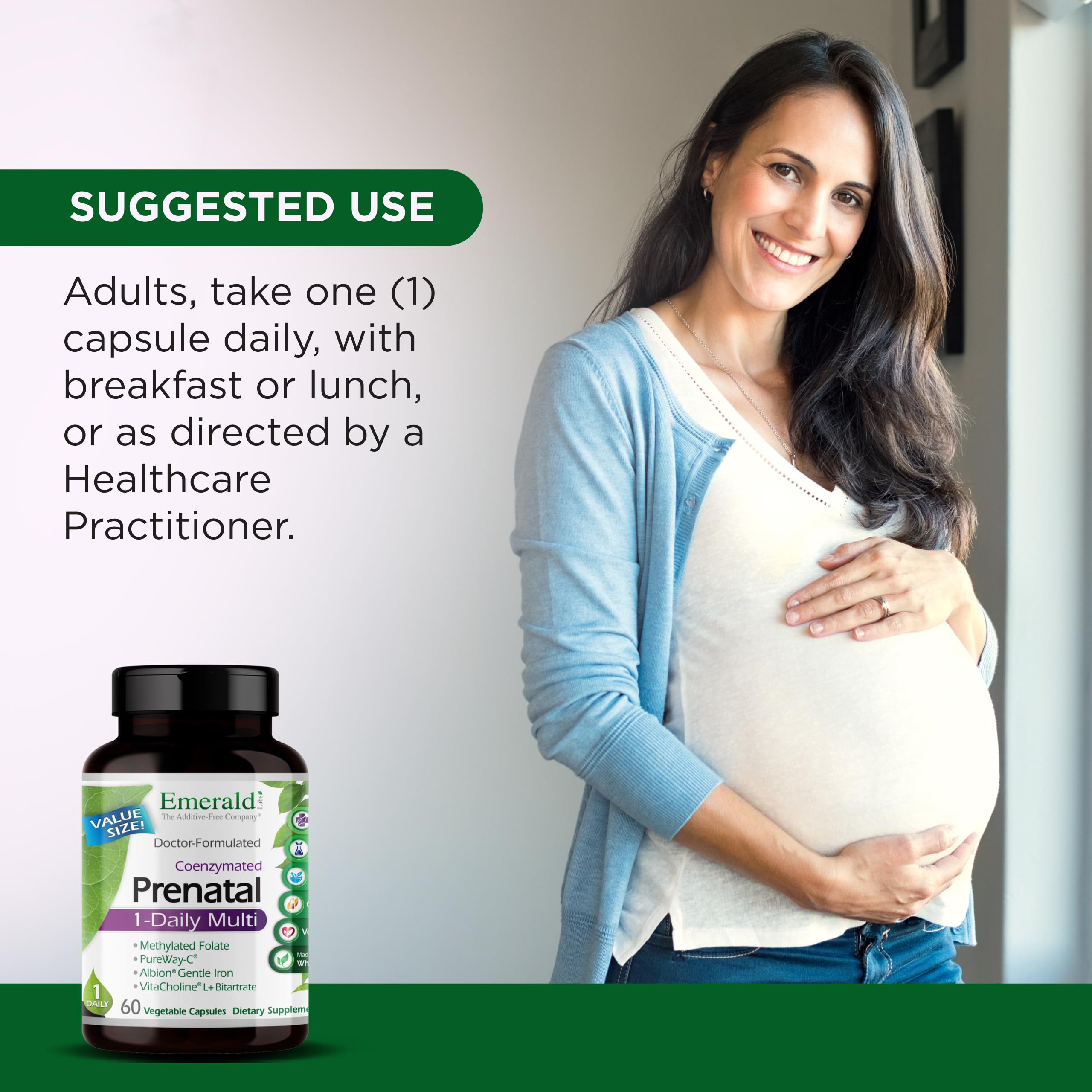 EMERALD LABS Prenatal 1-Daily Multi – Gentle Iron, Methylated Folate, Whole-Food Blend | Soy-Free, Gluten-Free | 60 Veg Capsules