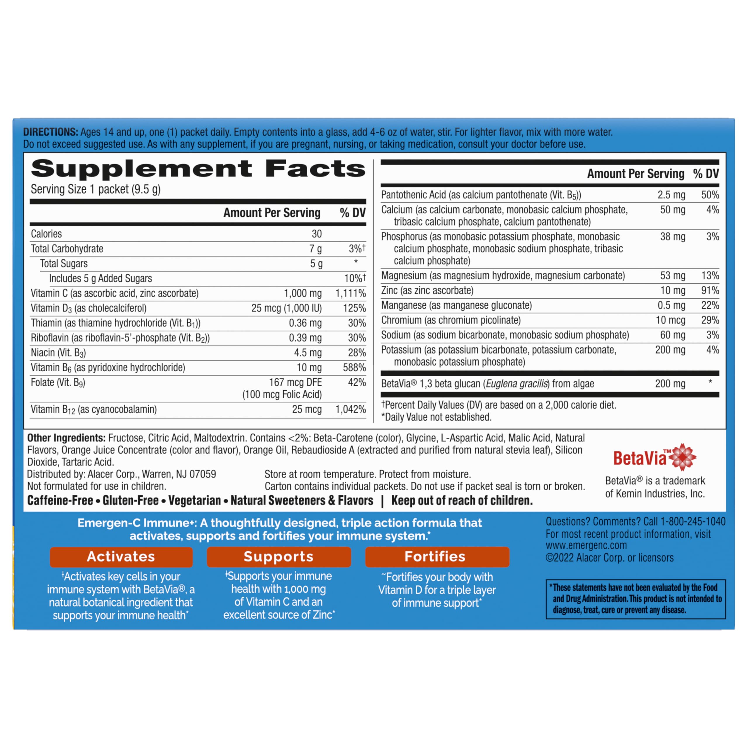 Emergen-C Immune+ Triple Action Immune Support Powder – 30 Count | BetaVia, Vitamin C 1000mg, D, Zinc