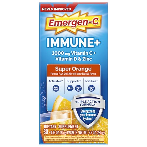 Emergen-C Immune+ Triple Action Immune Support Powder – 30 Count | BetaVia, Vitamin C 1000mg, D, Zinc