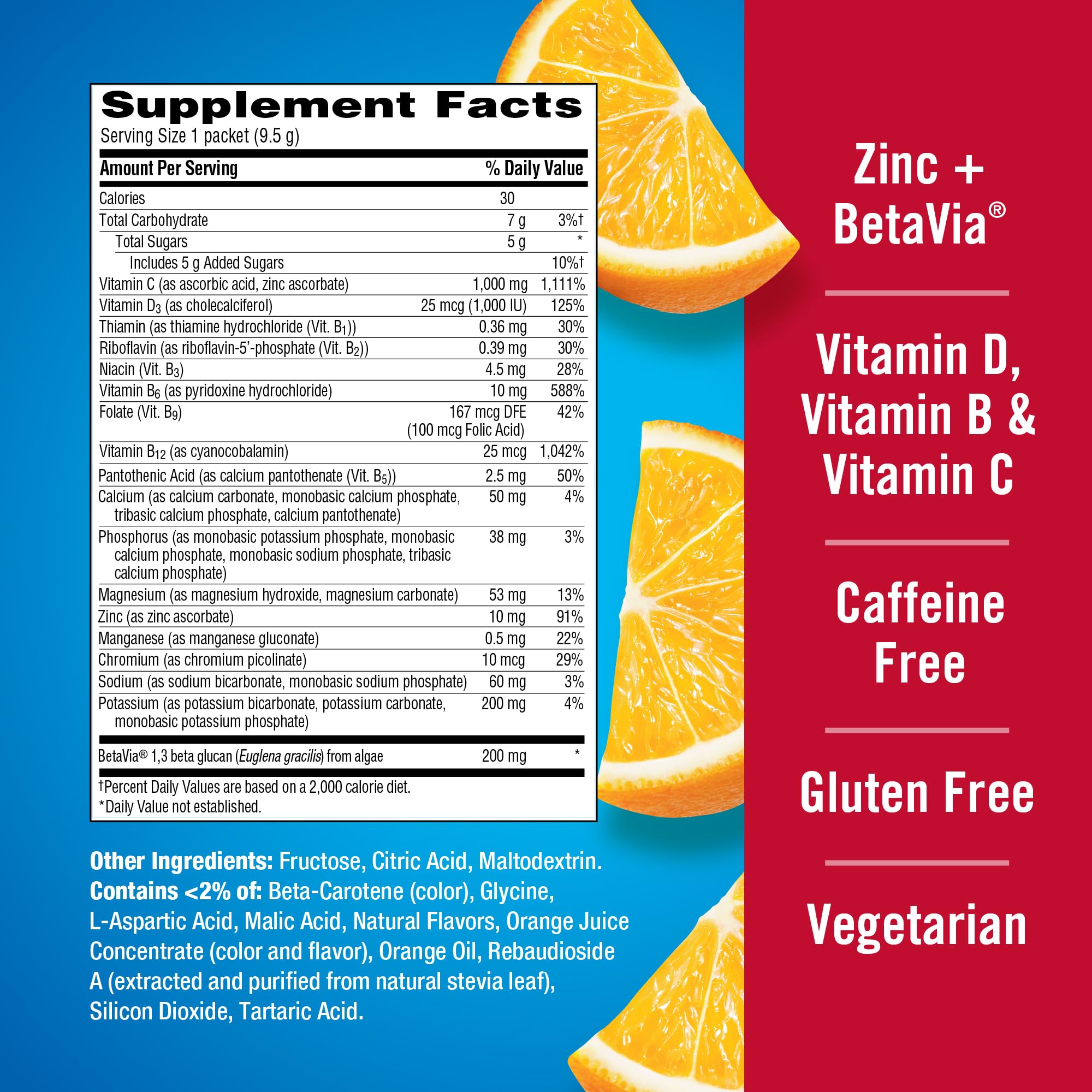 Emergen-C Immune+ Triple Action Immune Support Powder – 30 Count | BetaVia, Vitamin C 1000mg, D, Zinc