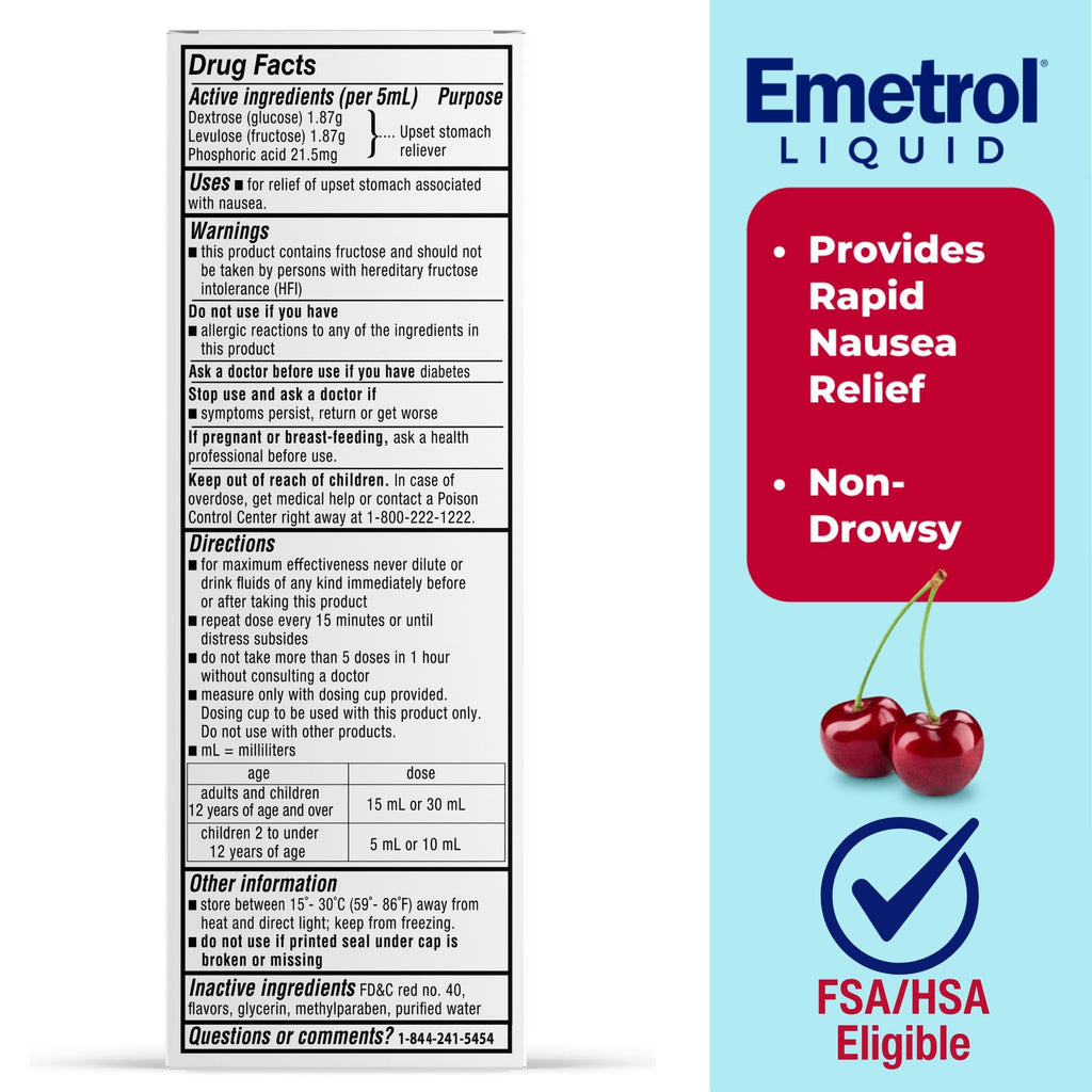 Emetrol Non-Drowsy Liquid Nausea Relief - Cherry Flavor (4 fl oz, 2 Pack)