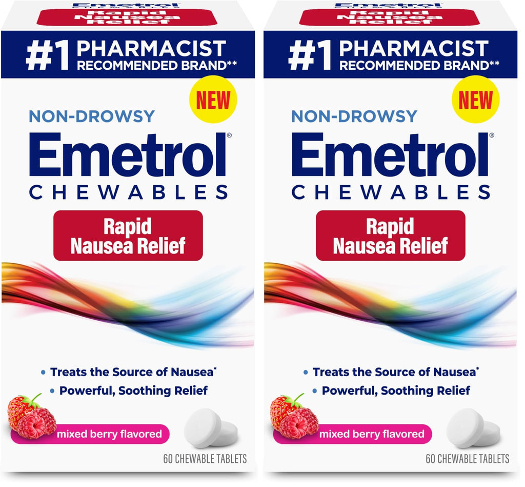 Emetrol Non-Drowsy Nausea Relief – Mixed Berry Chewables, 2-Pack (120 Tablets)