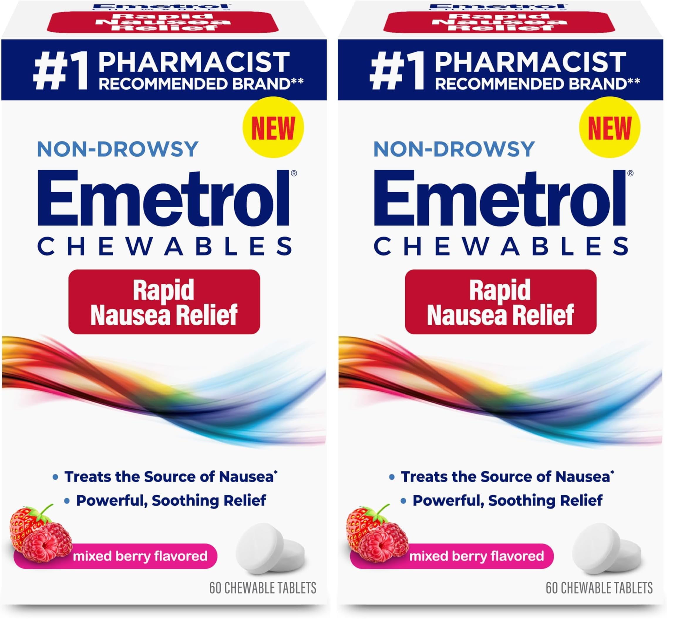 Emetrol Non-Drowsy Nausea Relief – Mixed Berry Chewables, 2-Pack (120 Tablets)