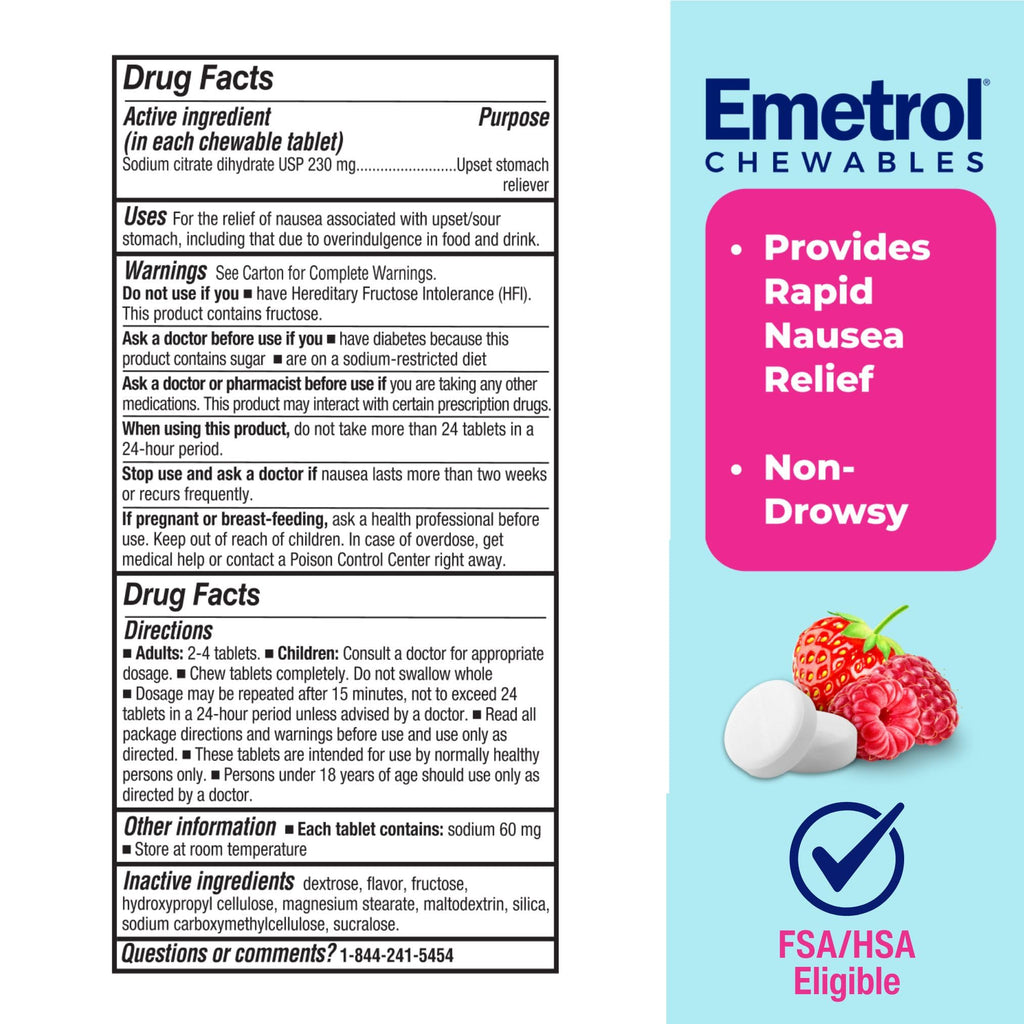 Emetrol Non-Drowsy Nausea Relief – Mixed Berry Chewables, 2-Pack (120 Tablets)