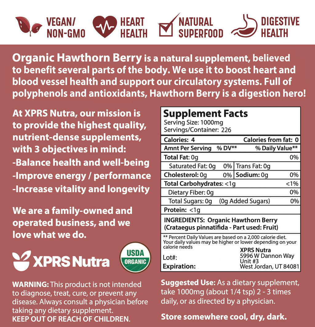 XPRS Nutra Organic Hawthorn Berry Powder – Cardiovascular Support, USDA Organic (8 oz) – Vegan